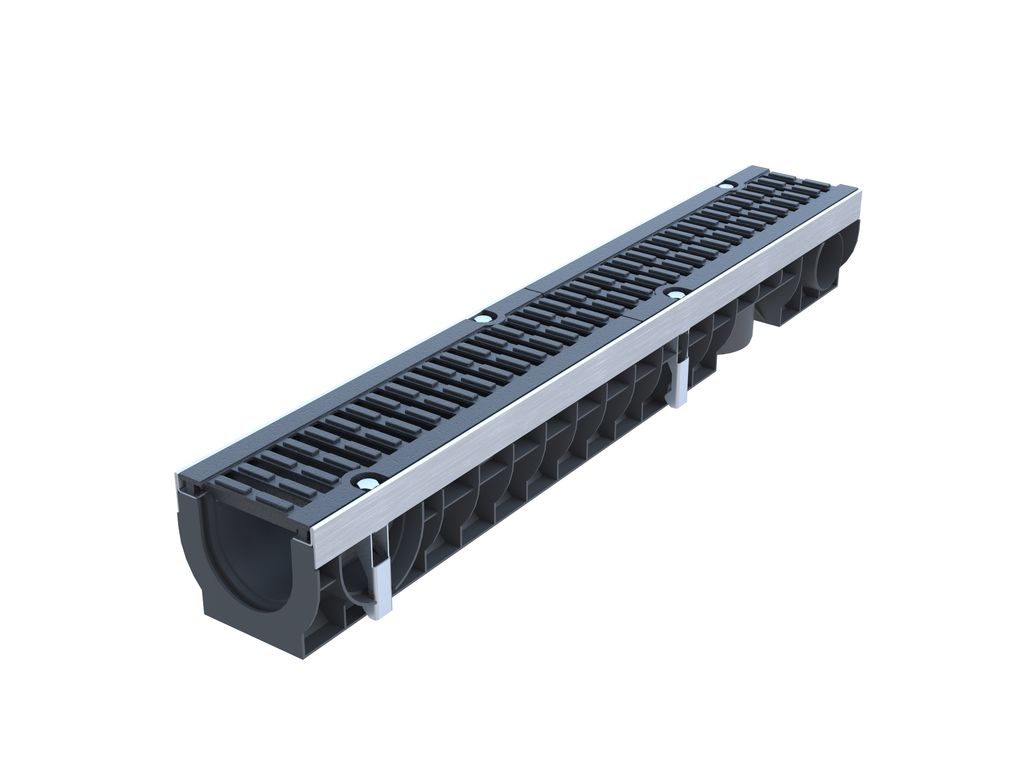 Лоток водоотводный PolyMax Drive DN100 пластиковый H120 с решеткой щелевой чугунной ВЧ кл. D  купить в Санкт-Петербурге