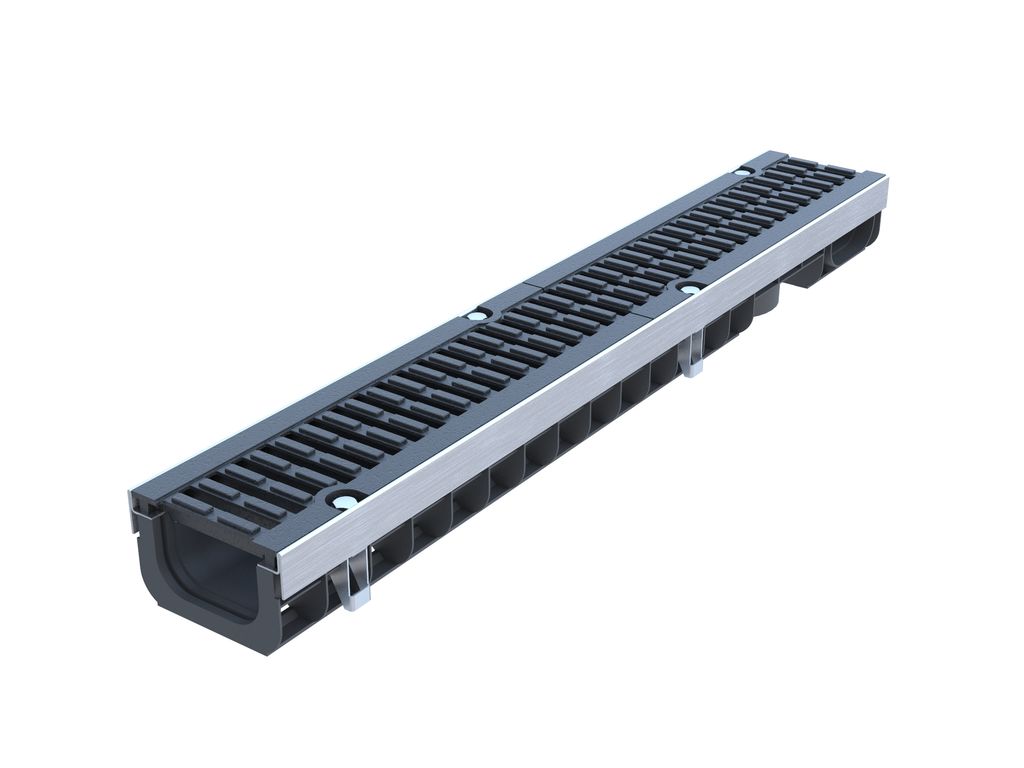  Лоток водоотводный PolyMax Drive DN100 пластиковый H80 с решеткой щелевой чугунной ВЧ кл. D (комплект) купить в Санкт-Петербурге