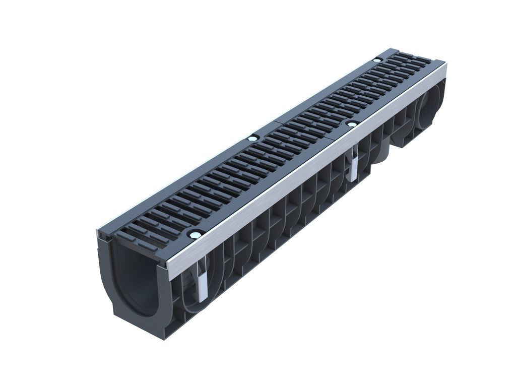 Лоток водоотводный пластиковый PolyMax Drive DN100 H171 с чугунной решеткой кл. D купить в Санкт-Петербурге