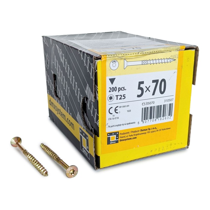 Упаковка шурупов конструкционных Domax CS TX25 5.0x70/40 Желтый цинк, потай 200шт/уп купить в Санкт-Петербурге
