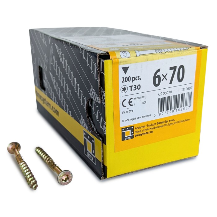 Упаковка шурупов конструкционных Domax CS TX30 6.0x70/40 Желтый цинк, потай 200шт/уп купить в Санкт-Петербурге