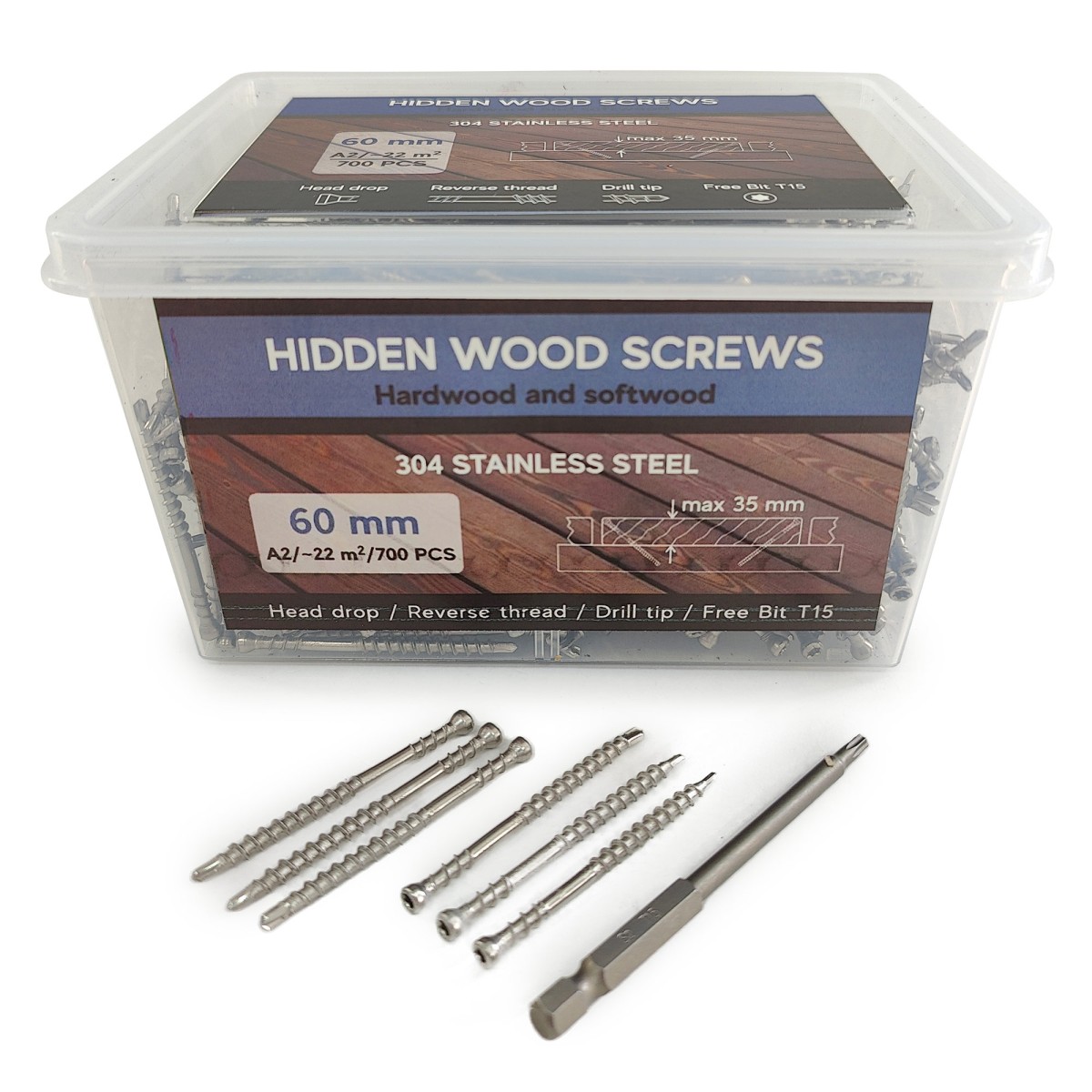 Упаковка саморезов (скрытый крепеж) Hidden Wood Screws А2 60мм 700шт/уп купить в Санкт-Петербурге