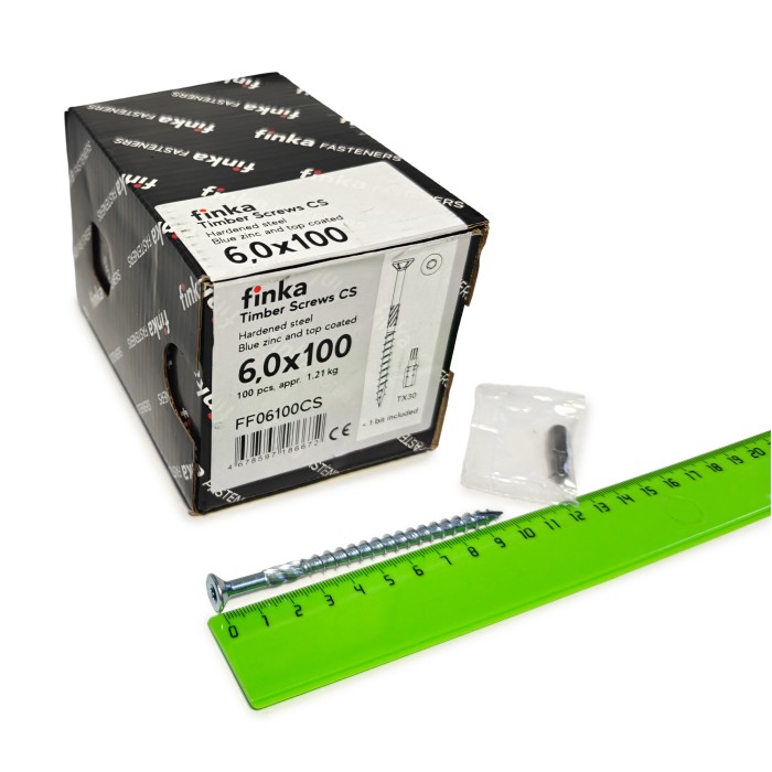 Упаковка шурупов конструкционных Finka Timber Screws CS 6.0x100TX30 голубой цинк, потай 100шт/уп купить в Санкт-Петербурге