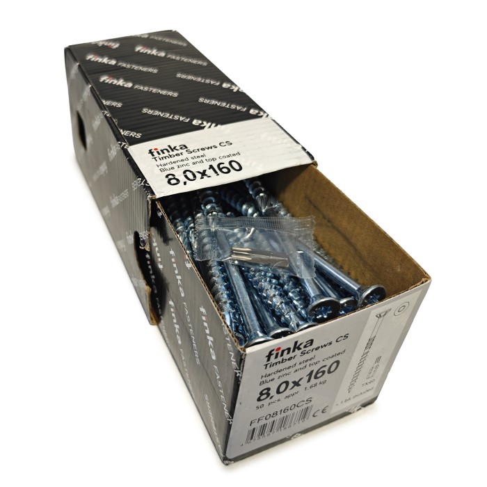 Упаковка шурупов конструкционных Finka Timber Screws CS 8.0x160TX40 голубой цинк, потай 50шт/уп купить в Санкт-Петербурге