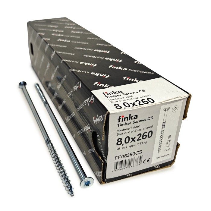 Упаковка шурупов конструкционных Finka Timber Screws CS 8.0x260TX40 голубой цинк, потай 50шт/уп купить в Санкт-Петербурге