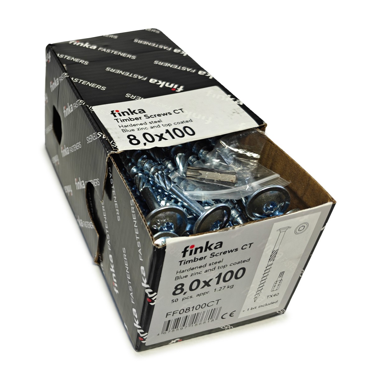 Упаковка шурупов конструкционных FINKA Timber Screws CT TX40 8.0х100 голубой цинк тарелка 50шт/уп купить в Санкт-Петербурге