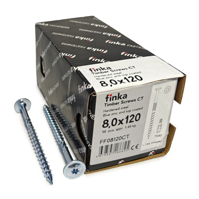 Упаковка шурупов конструкционных FINKA Timber Screws CT TX40 8.0х120 голубой цинк тарелка 50шт/уп купить в Санкт-Петербурге