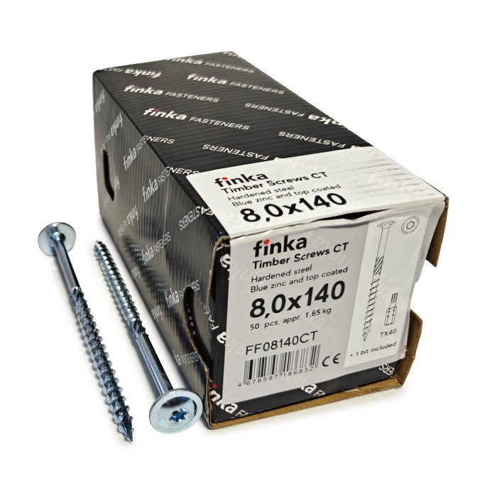 Упаковка шурупов конструкционных Finka Timber Screws CT 8.0x140TX40 голубой цинк, тарелка 50шт/уп купить в Санкт-Петербурге