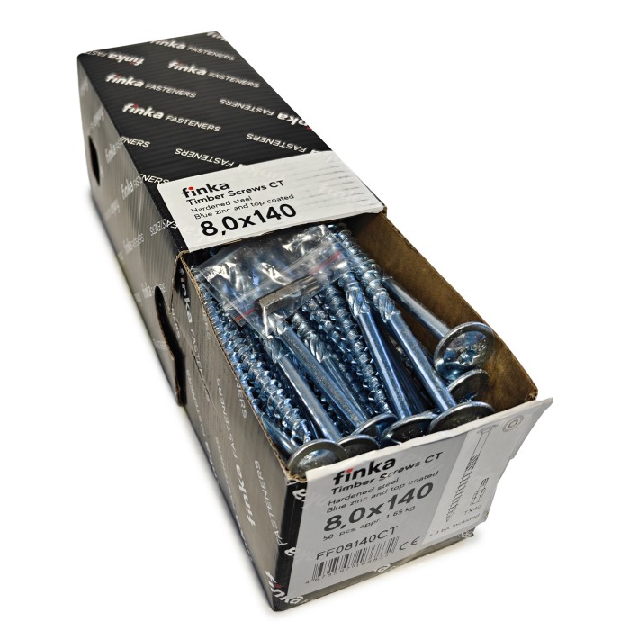 Упаковка шурупов конструкционных Finka Timber Screws CT 8.0x140TX40 голубой цинк, тарелка 50шт/уп купить в Санкт-Петербурге
