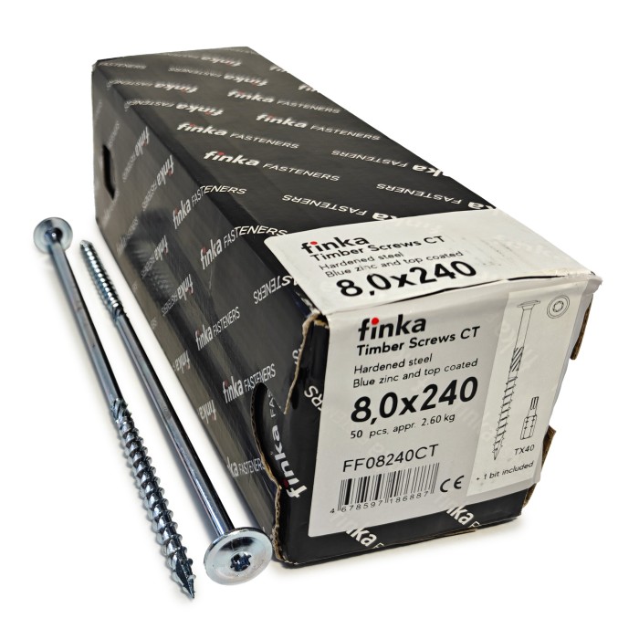 Упаковка шурупов конструкционных Finka Timber Screws CT 8.0x240TX40 голубой цинк, тарелка 50шт/уп купить в Санкт-Петербурге