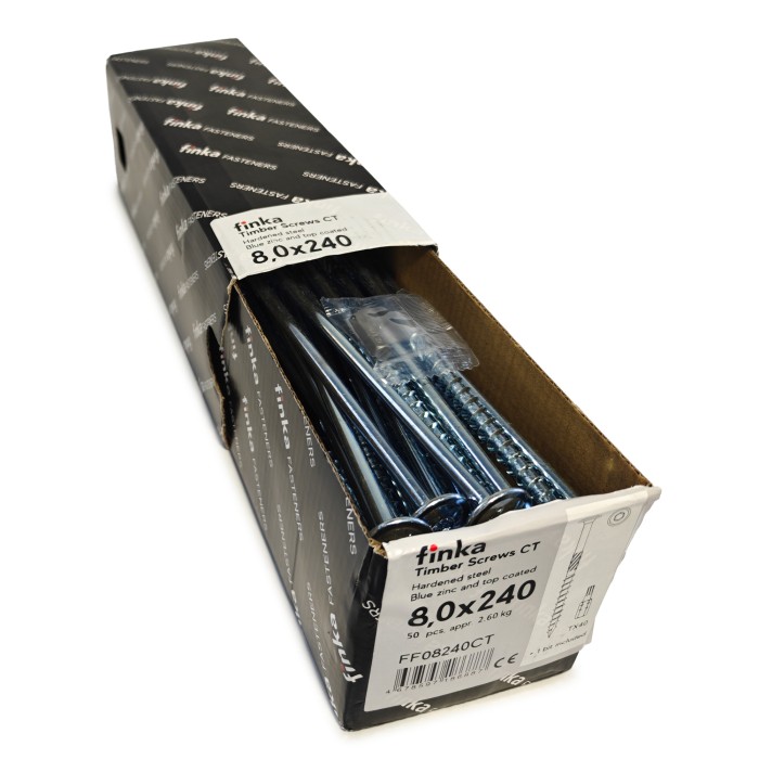 Упаковка шурупов конструкционных Finka Timber Screws CT 8.0x240TX40 голубой цинк, тарелка 50шт/уп купить в Санкт-Петербурге