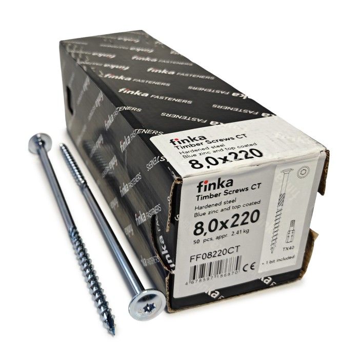 Упаковка шурупов конструкционных Finka Timber Screws CT 8.0x220TX40 голубой цинк, тарелка 50шт/уп купить в Санкт-Петербурге