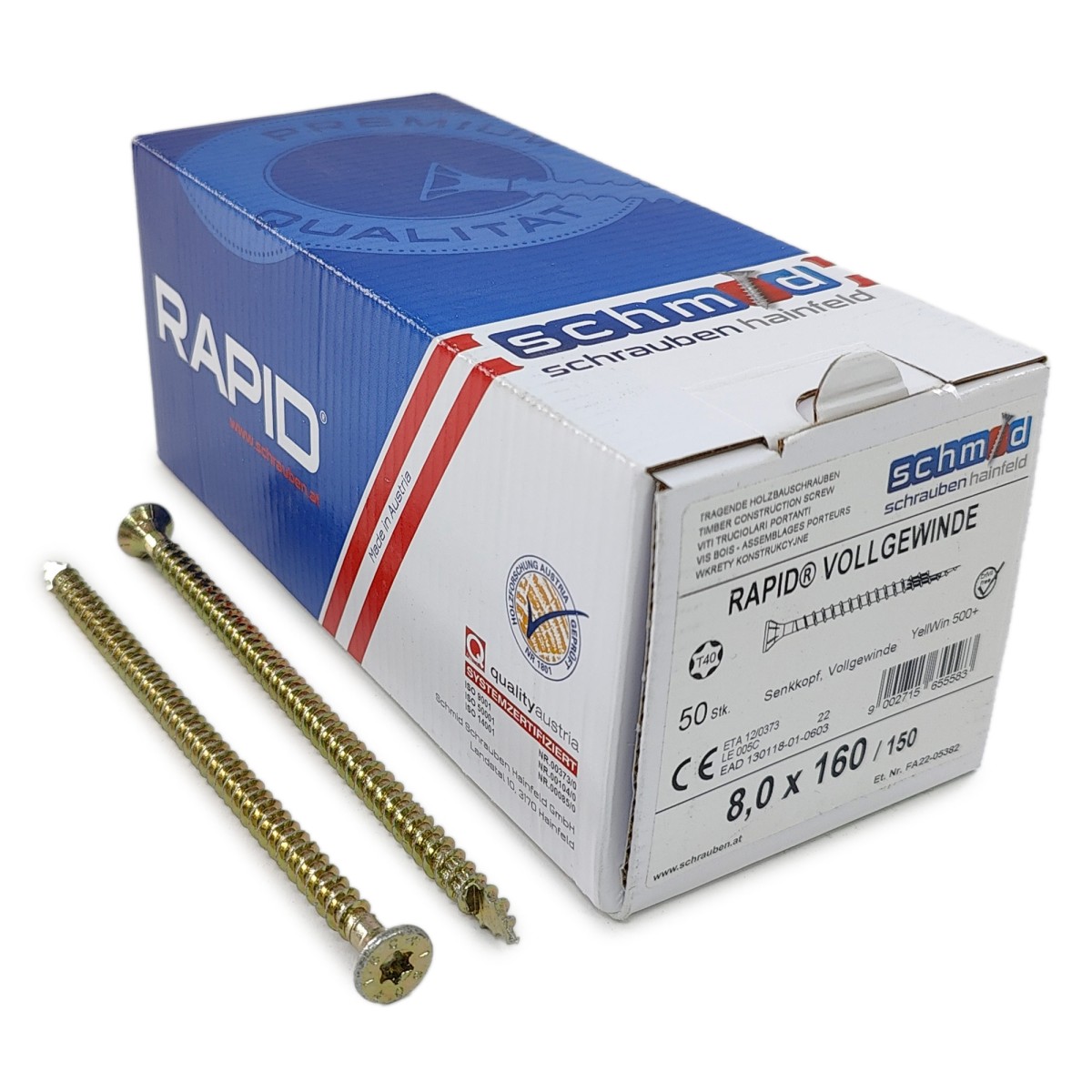Упаковка шурупов Schmid Rapid FT FT SK Half-tip TX40 8.0х160/150 желтый цинк, полная резьба, потай 50шт/уп купить в Санкт-Петербурге