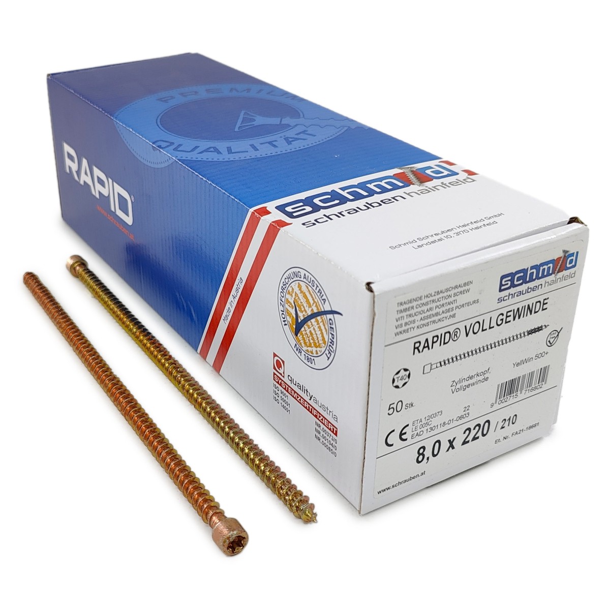 Упаковка шурупов Schmid Rapid FT CL TX40 8.0х220/210 желтый цинк, полная резьба, цилиндр 50шт/уп купить в Санкт-Петербурге