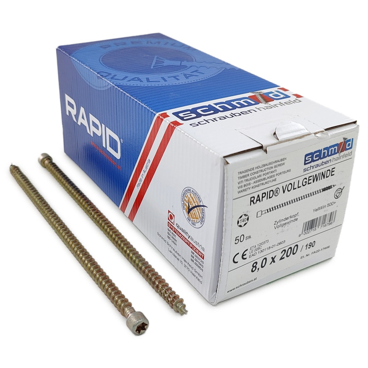Упаковка шурупов Schmid Rapid FT CL TX40 8.0х200/190 желтый цинк, полная резьба, цилиндр 50шт/уп купить в Санкт-Петербурге