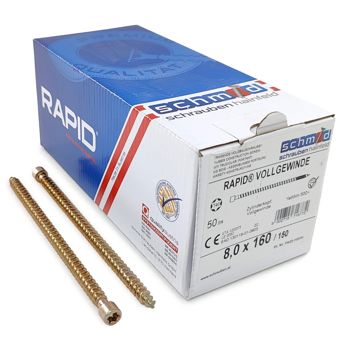 Упаковка шурупов Schmid Rapid FT CL TX40 8.0х160/150 желтый цинк, полная резьба, цилиндр 50шт/уп купить в Санкт-Петербурге