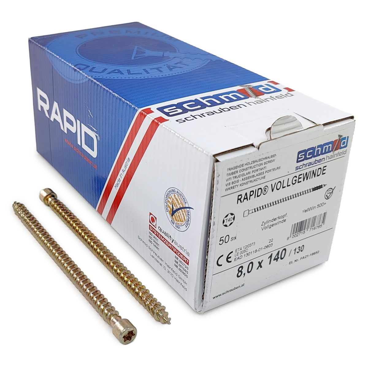 Упаковка шурупов Schmid Rapid FT CL TX40 8.0х140/130 желтый цинк, полная резьба, цилиндр 50шт/уп купить в Санкт-Петербурге