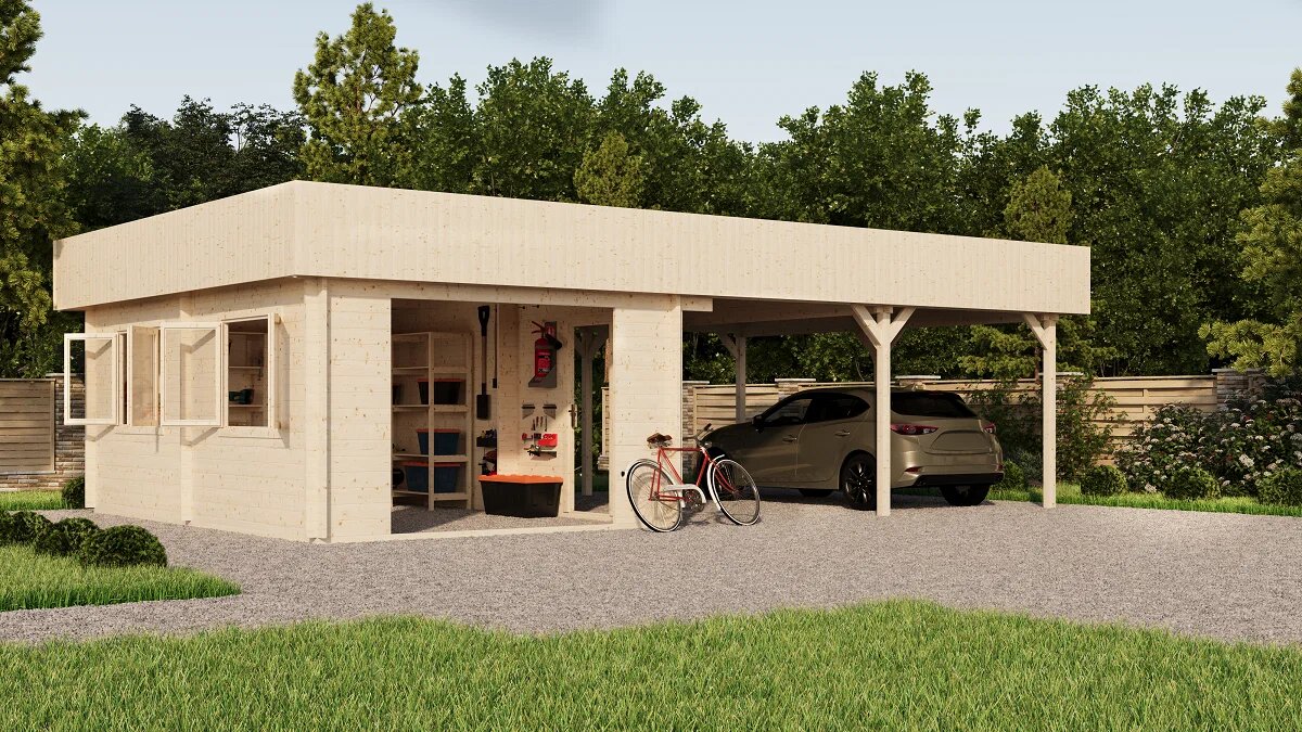 Гараж 52 Дуэт с навесом Стандарт (брус 44 мм) ТН купить в Санкт-Петербурге