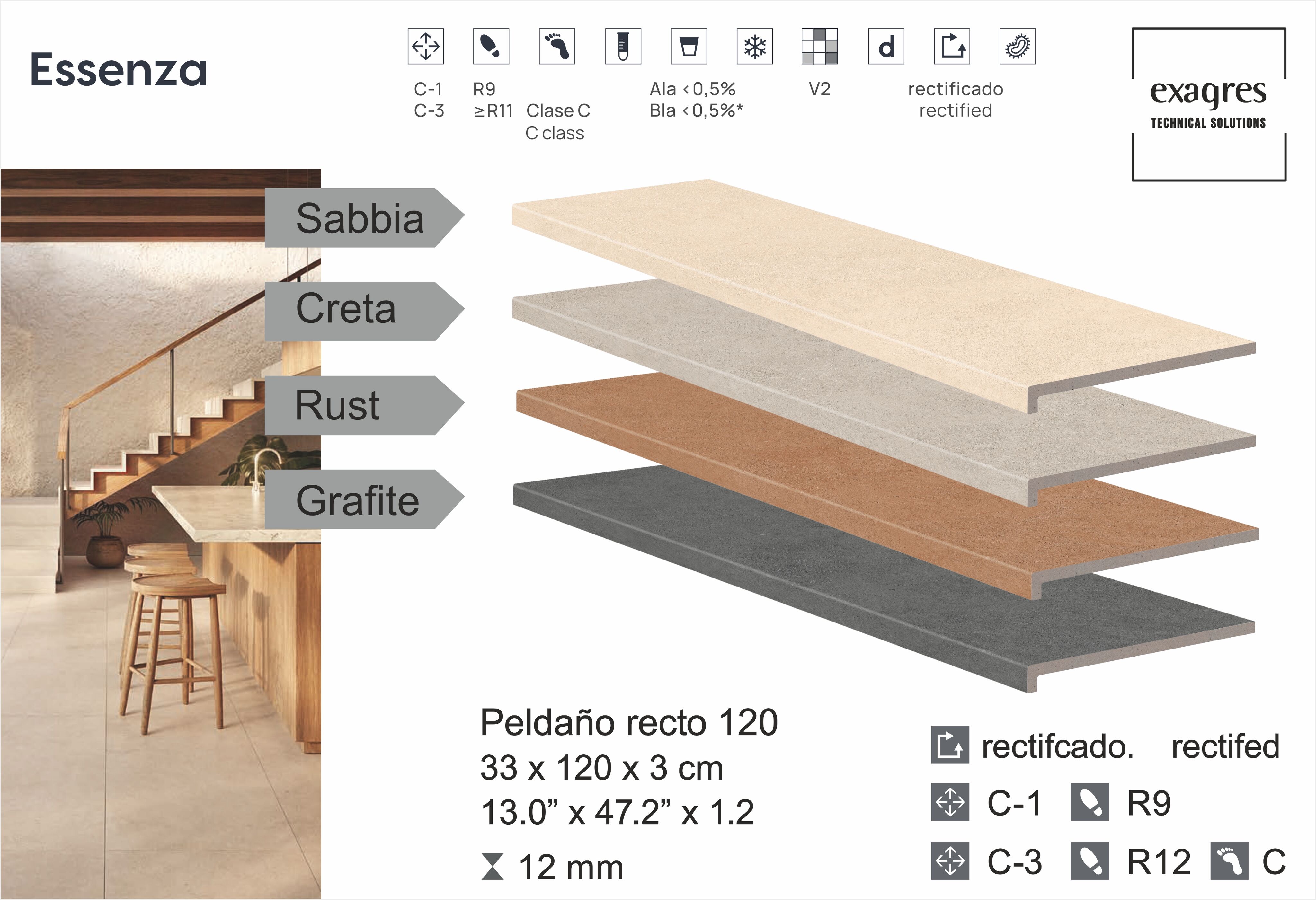 Ступень фронтальная Peldano Recto Essenza Grafite С3 33х120х1.2см антислип 2шт/уп Exagres купить в Санкт-Петербурге