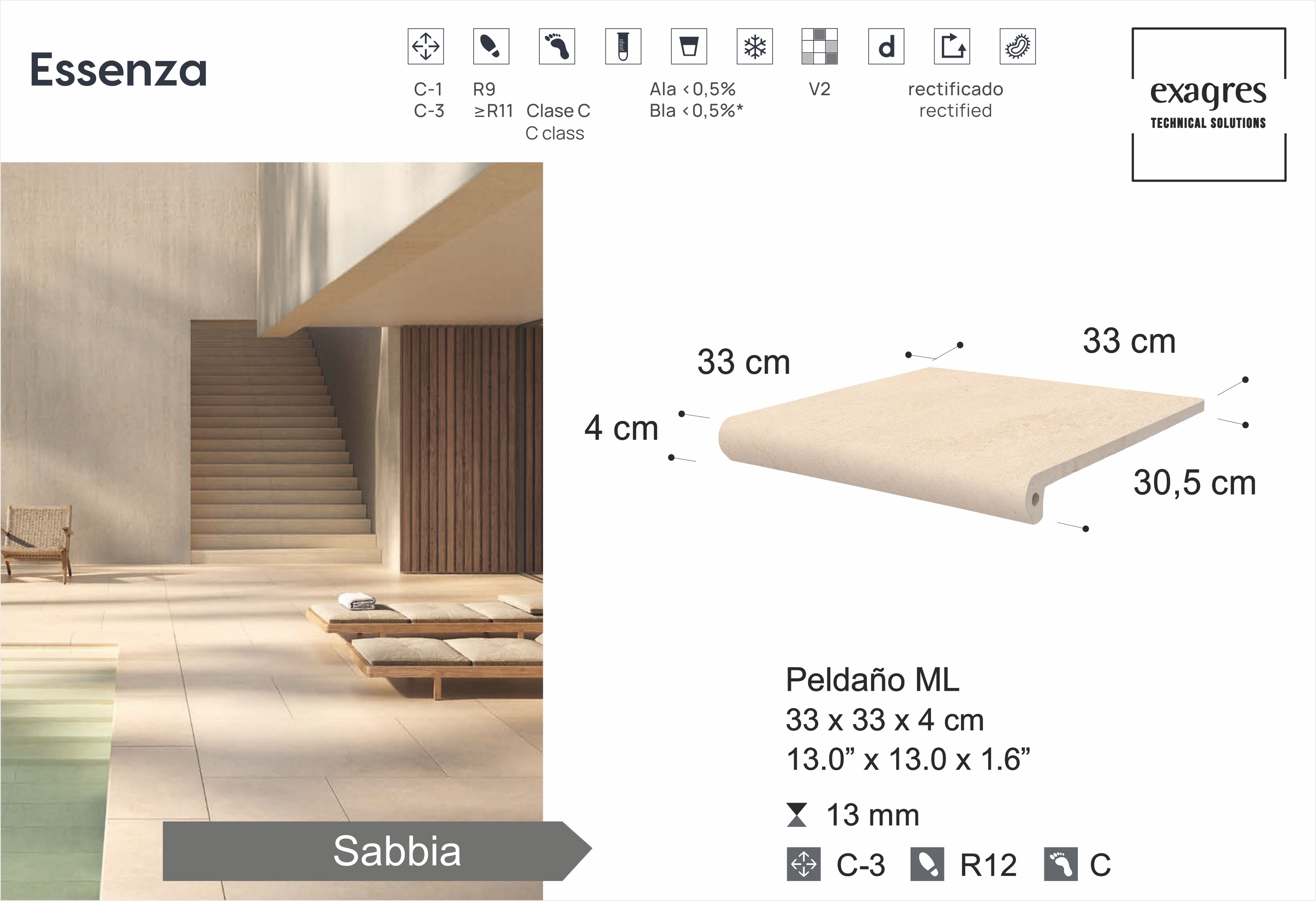 Ступень фронтальная Peldano Florentino Essenza Sabbia С3 33х33х1.3см антислип 4шт/уп Exagres купить в Санкт-Петербурге