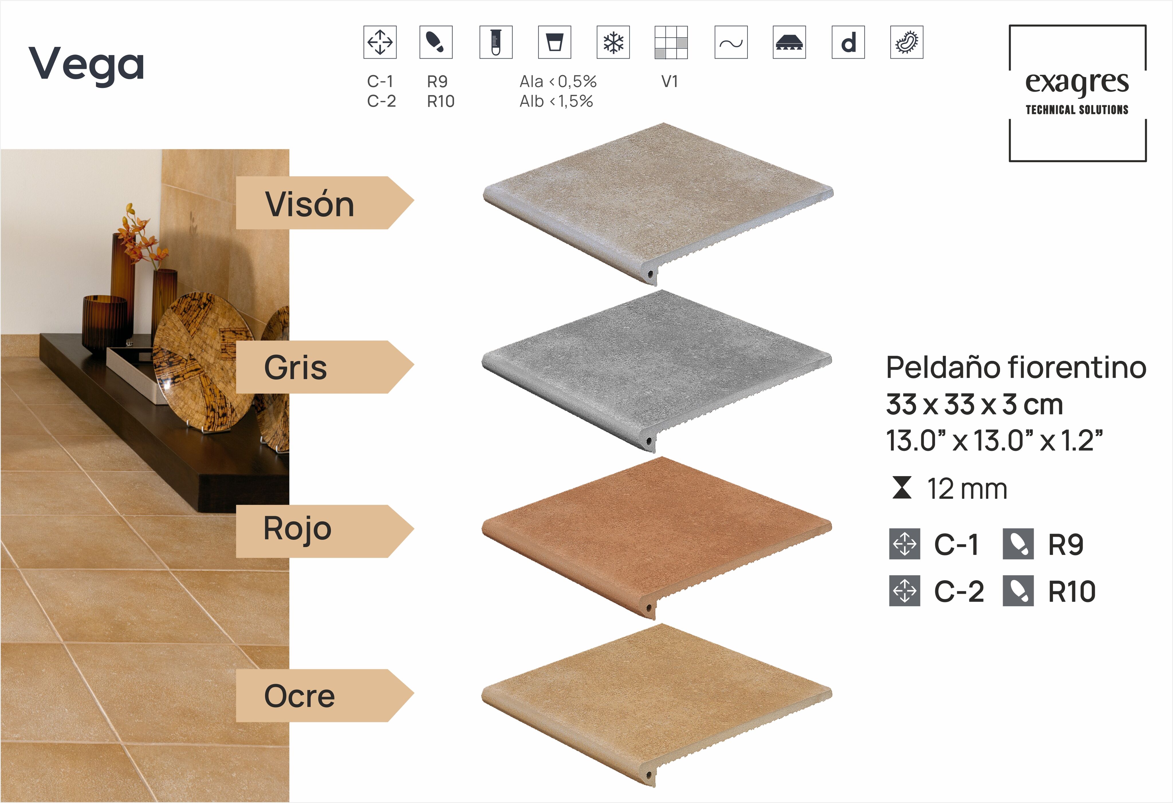 Ступень фронтальная Peldano Florentino Vega Ocre 33х33х1.2 антислип Exagres купить в Санкт-Петербурге