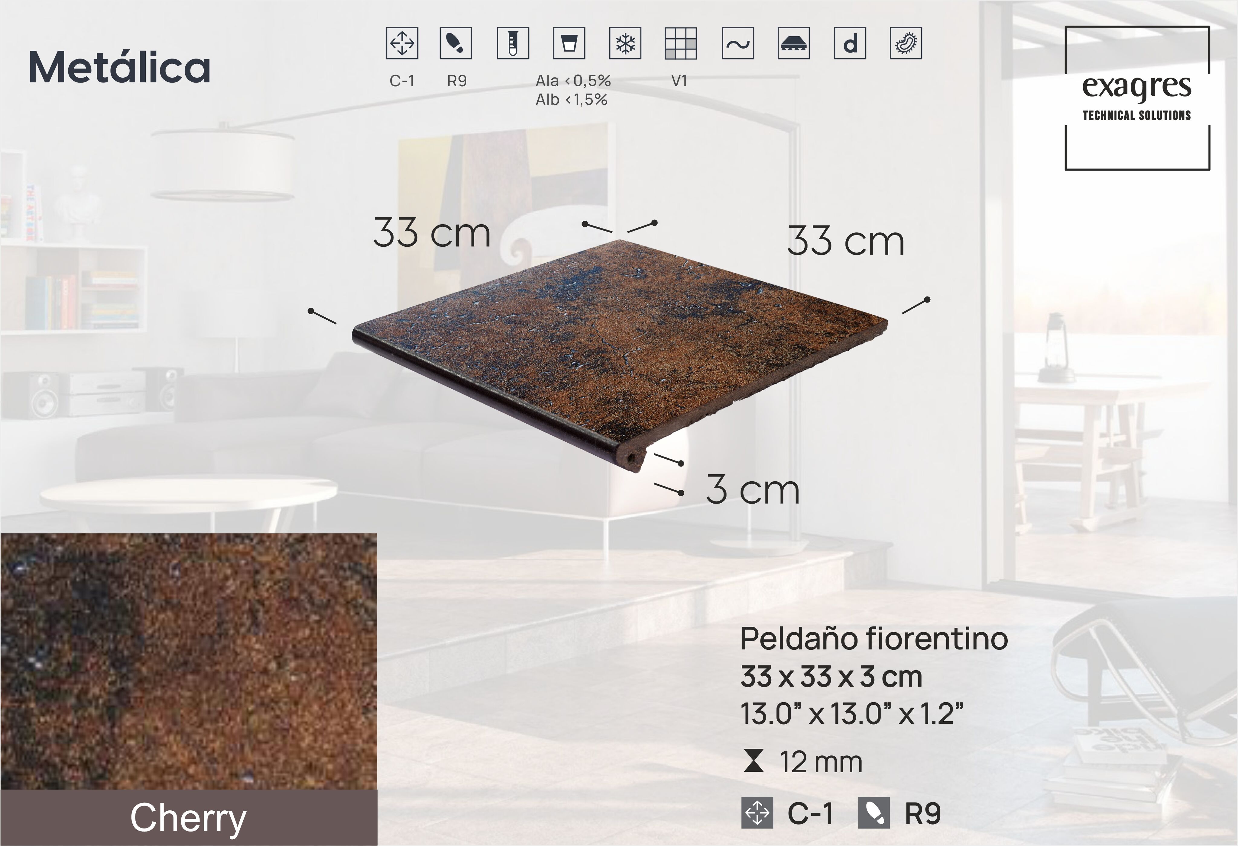 Ступень фронтальная Peldano Fiorentino Metalica Cherry 33х33х1.2 матовый 4шт/упак Exagres купить в Санкт-Петербурге