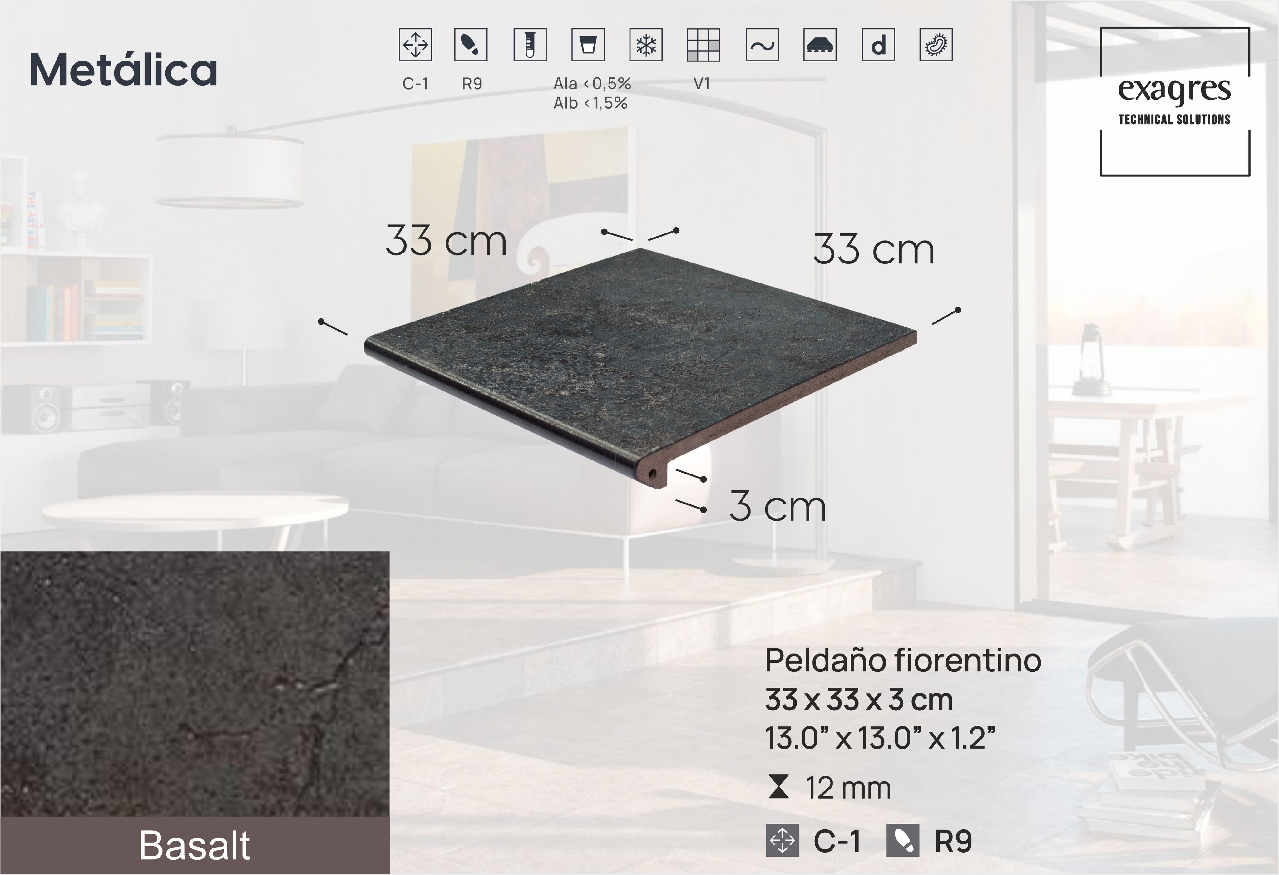 Ступень фронтальная Peldano Fiorentino Metalica Basalt 33х33х1.2 матовый 4шт/упак Exagres купить в Санкт-Петербурге