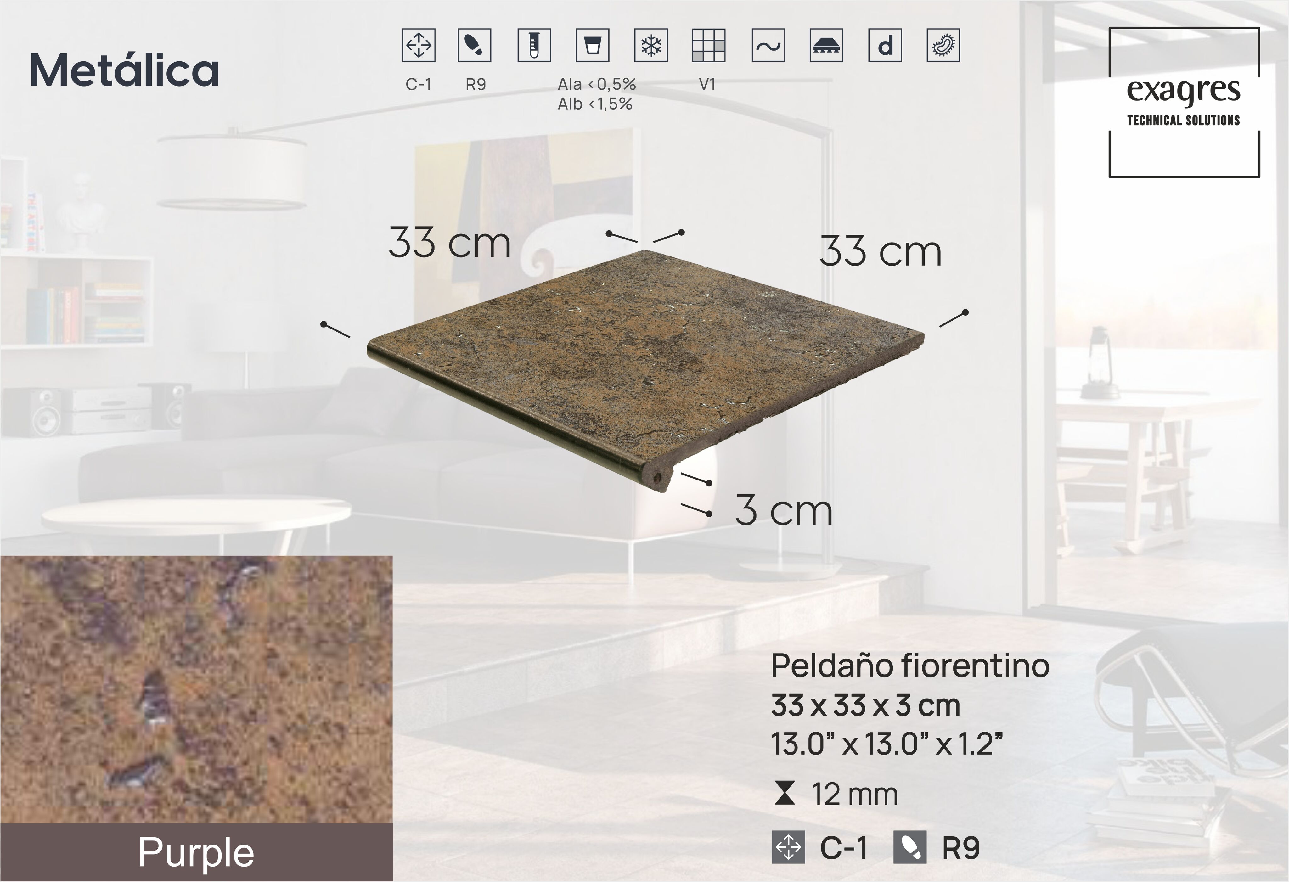 Ступень фронтальная Peldano Fiorentino Metalica Purple  33х33х1.2 матовый 4шт/упак Exagres купить в Санкт-Петербурге