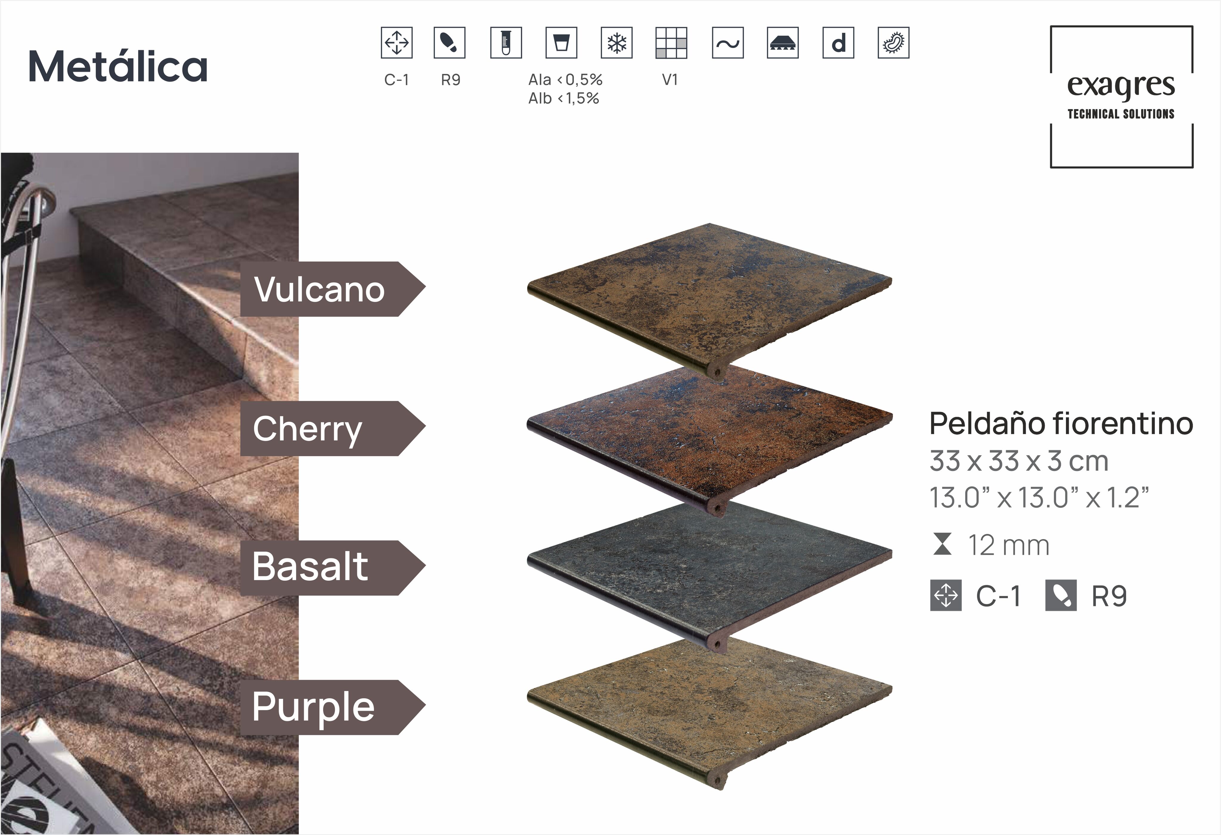 Ступень фронтальная Peldano Fiorentino Metalica Cherry 33х33х1.2 матовый 4шт/упак Exagres купить в Санкт-Петербурге