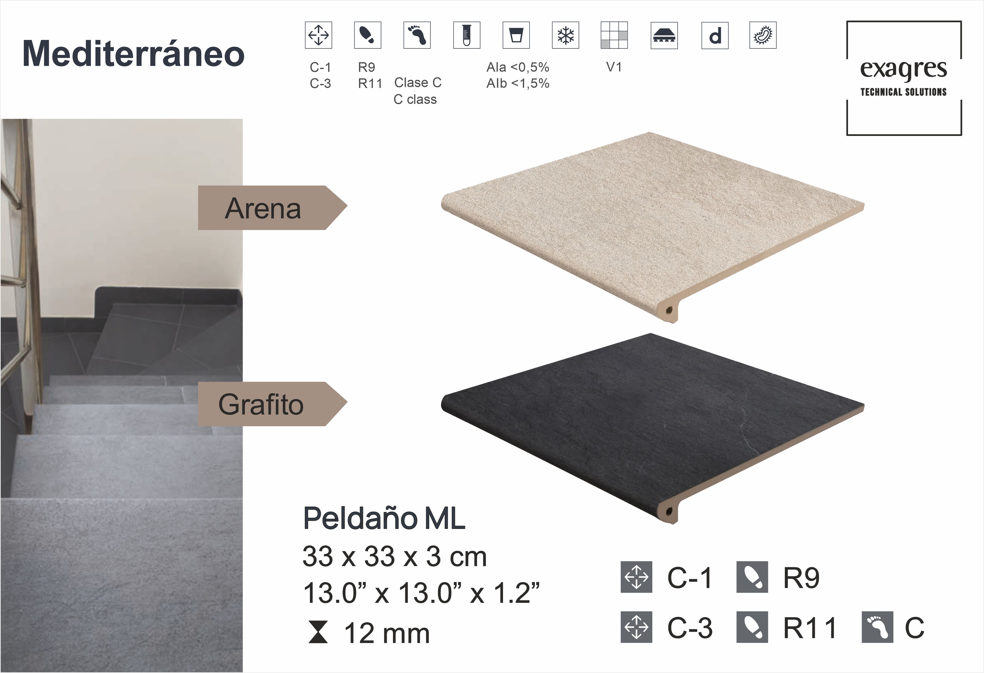 Ступень фронтальная Peldano Florentino Mediterraneo Grafito 33х33х1.2 антислип Exagres купить в Санкт-Петербурге