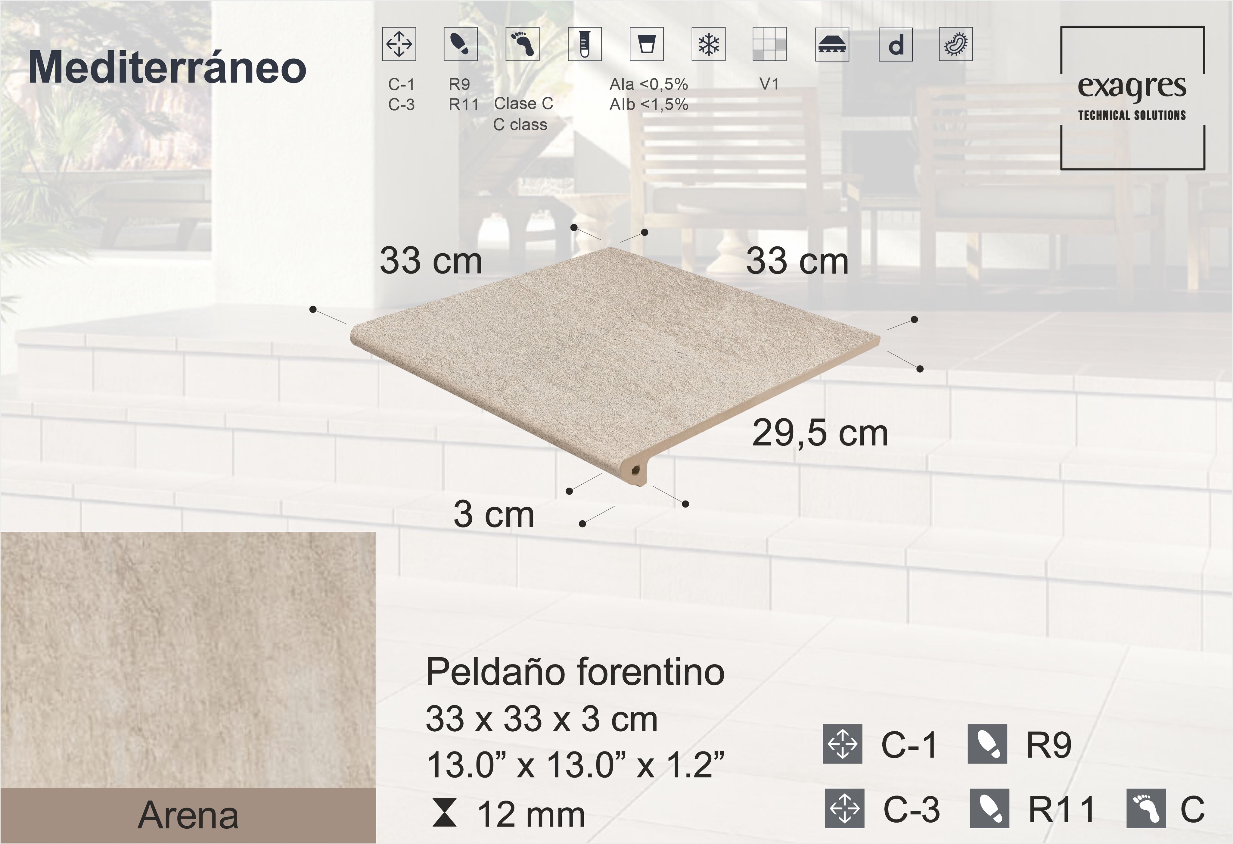 Ступень фронтальная Peldano Florentino Mediterraneo Arena 33х33х1.2 антислип Exagres купить в Санкт-Петербурге