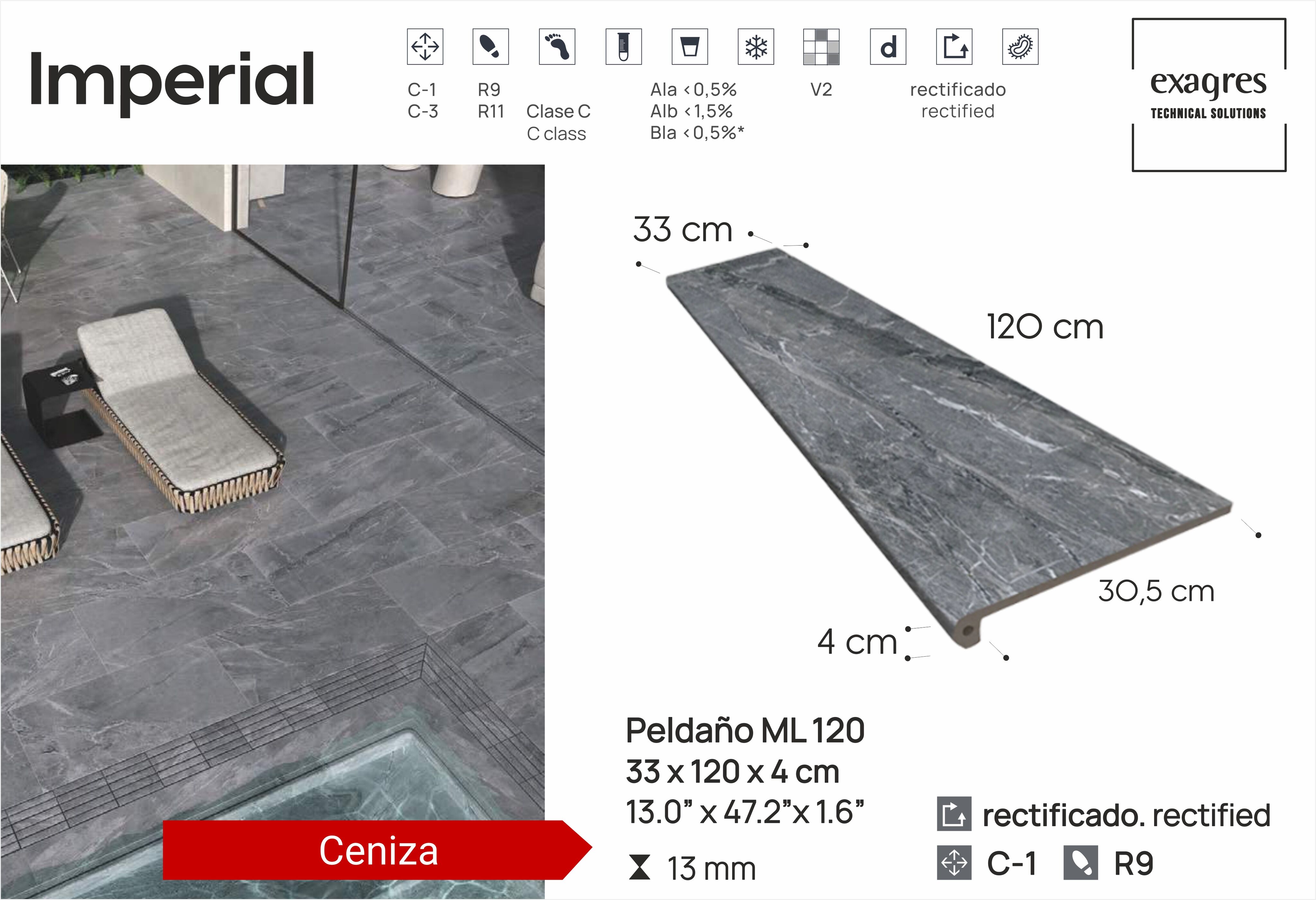 Ступень фронтальная Peldano Florentino Imperial Ceniza 33х120х1.3 матовая Exagres купить в Санкт-Петербурге