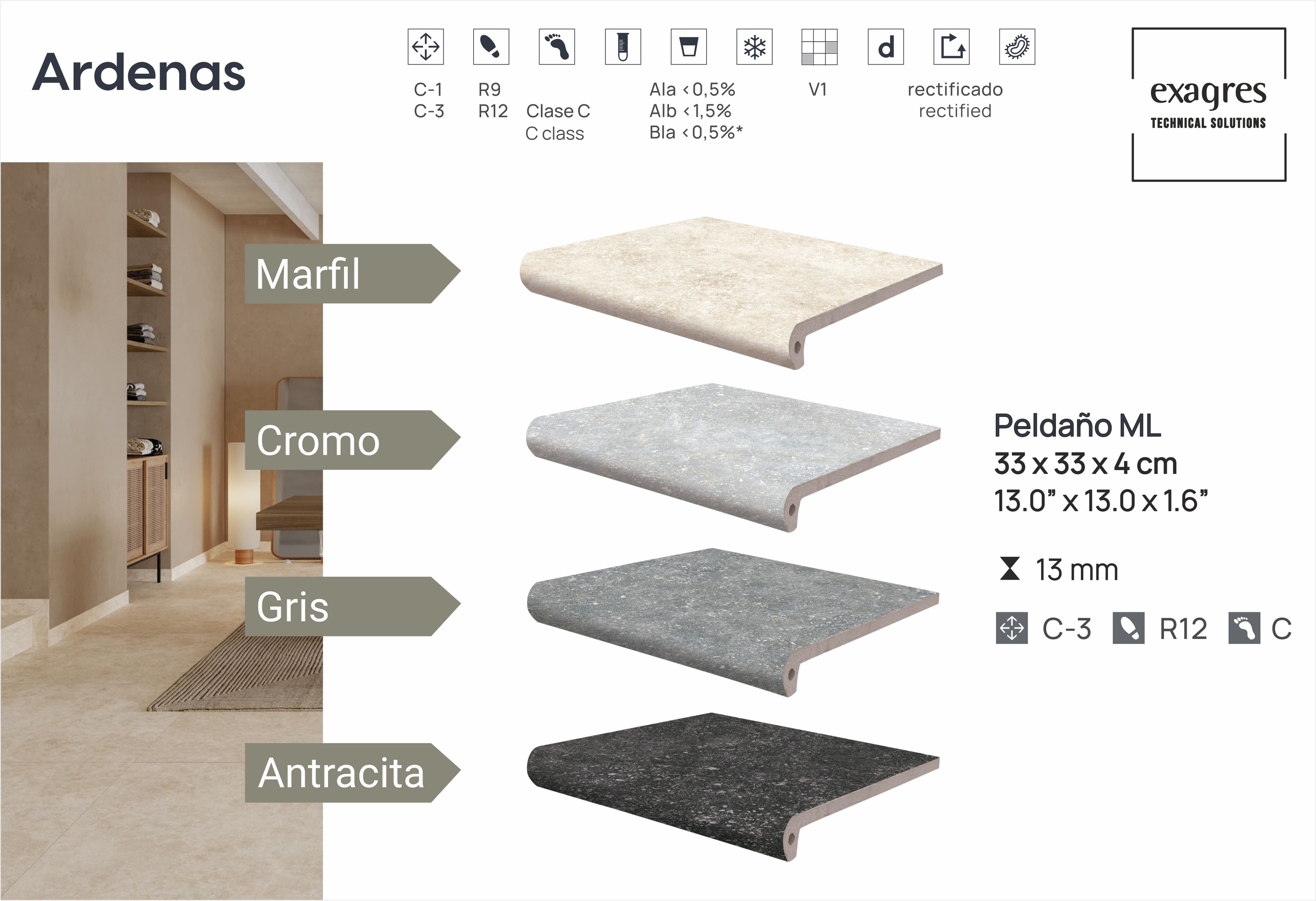 Ступень фронтальная Peldano Fiorentino Ardenas Gris 33х33х1.3 антислип 4шт/упак Exagres купить в Санкт-Петербурге