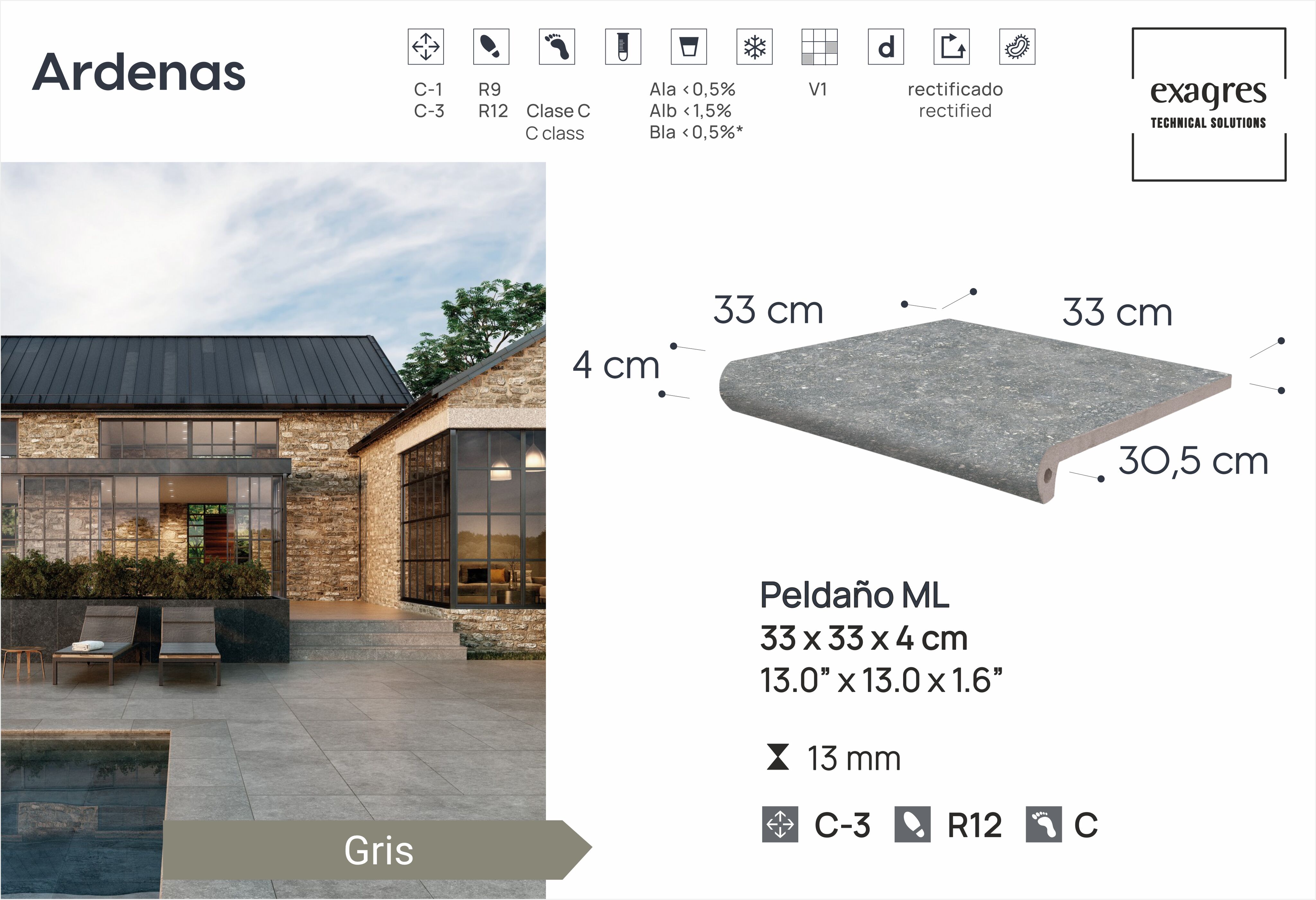 Ступень фронтальная Peldano Fiorentino Ardenas Gris 33х33х1.3 антислип 4шт/упак Exagres купить в Санкт-Петербурге