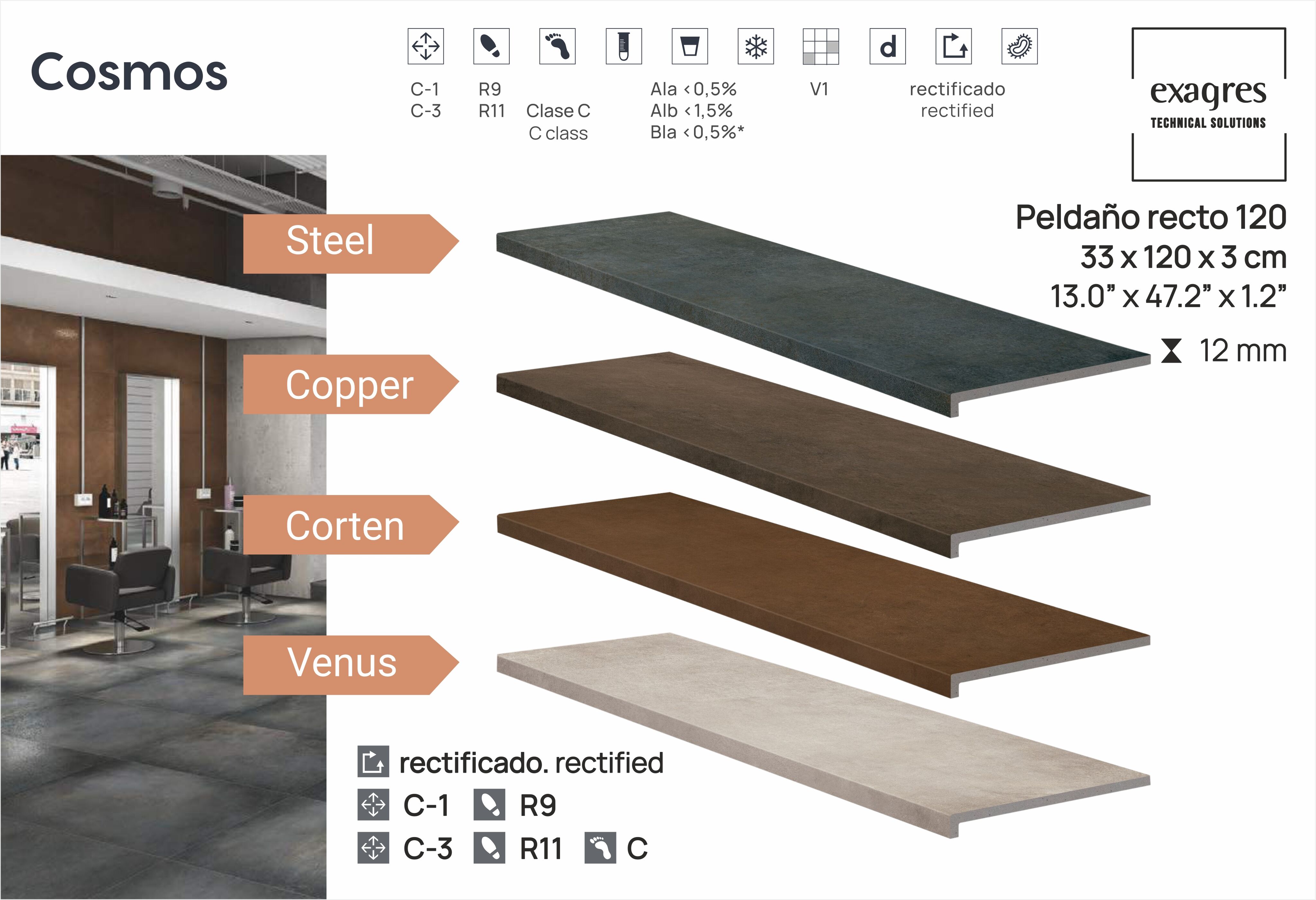 Ступень фронтальная Peldano Recto Cosmos Copper С1 33х120х1.2см матовая 2шт/уп Exagres купить в Санкт-Петербурге