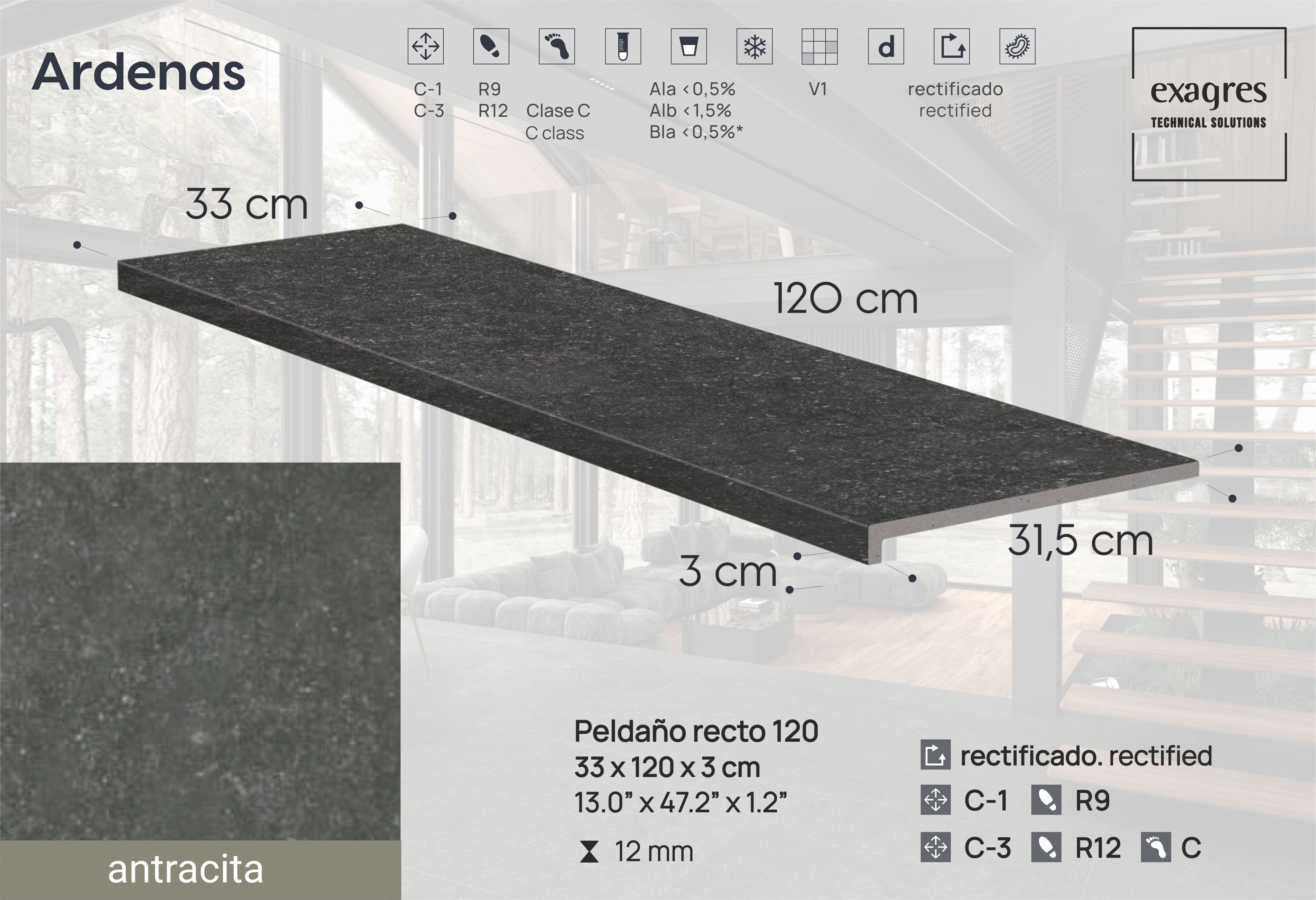 Ступень фронтальная Peldano Recto Ardenas Antracita R12 33х120х1.2 антислип 2шт/упак Exagres купить в Санкт-Петербурге