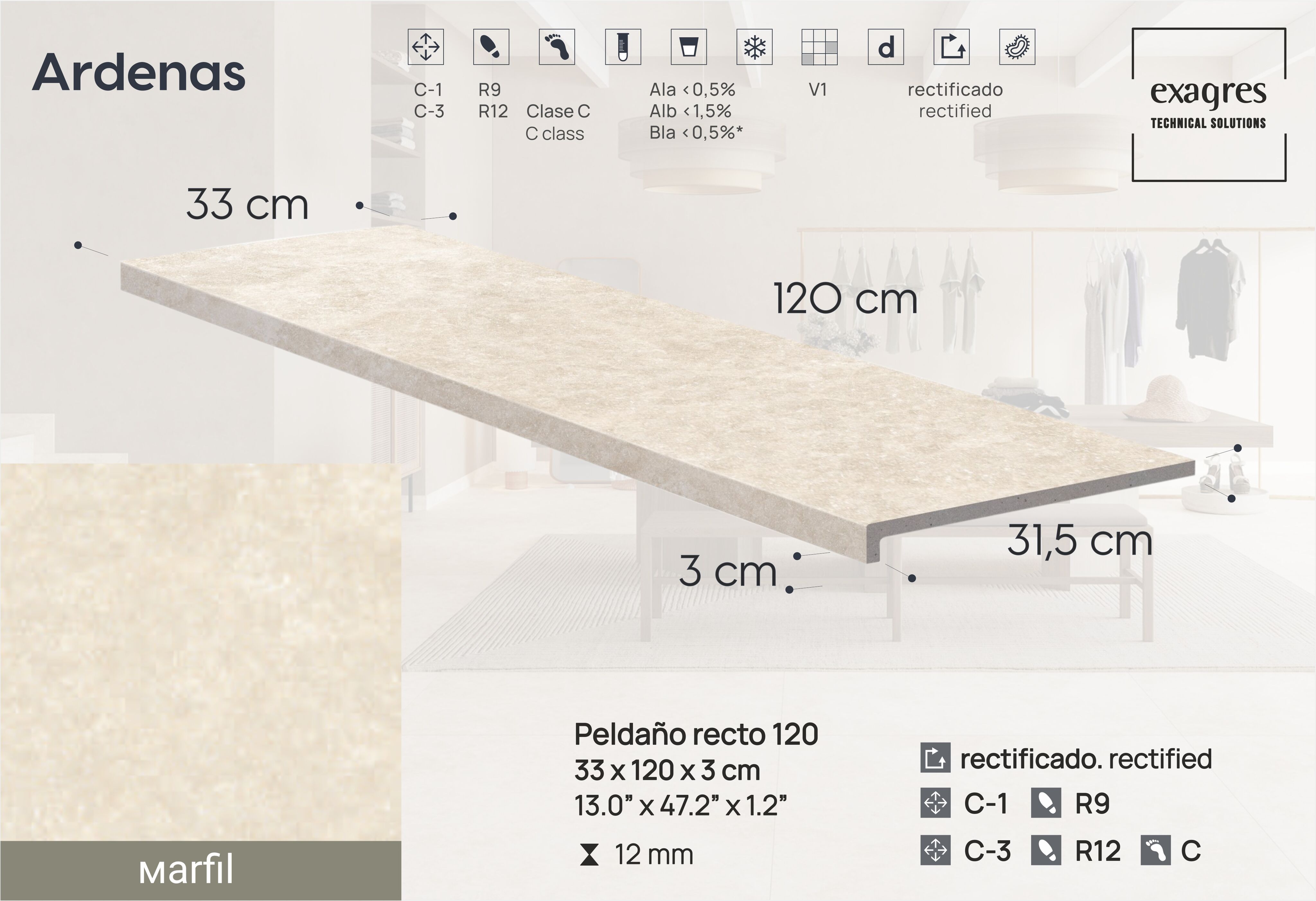 Ступень фронтальная Peldano Recto Ardenas Marfil R12 33х120х1.2 антислип 2шт/упак Exagres купить в Санкт-Петербурге