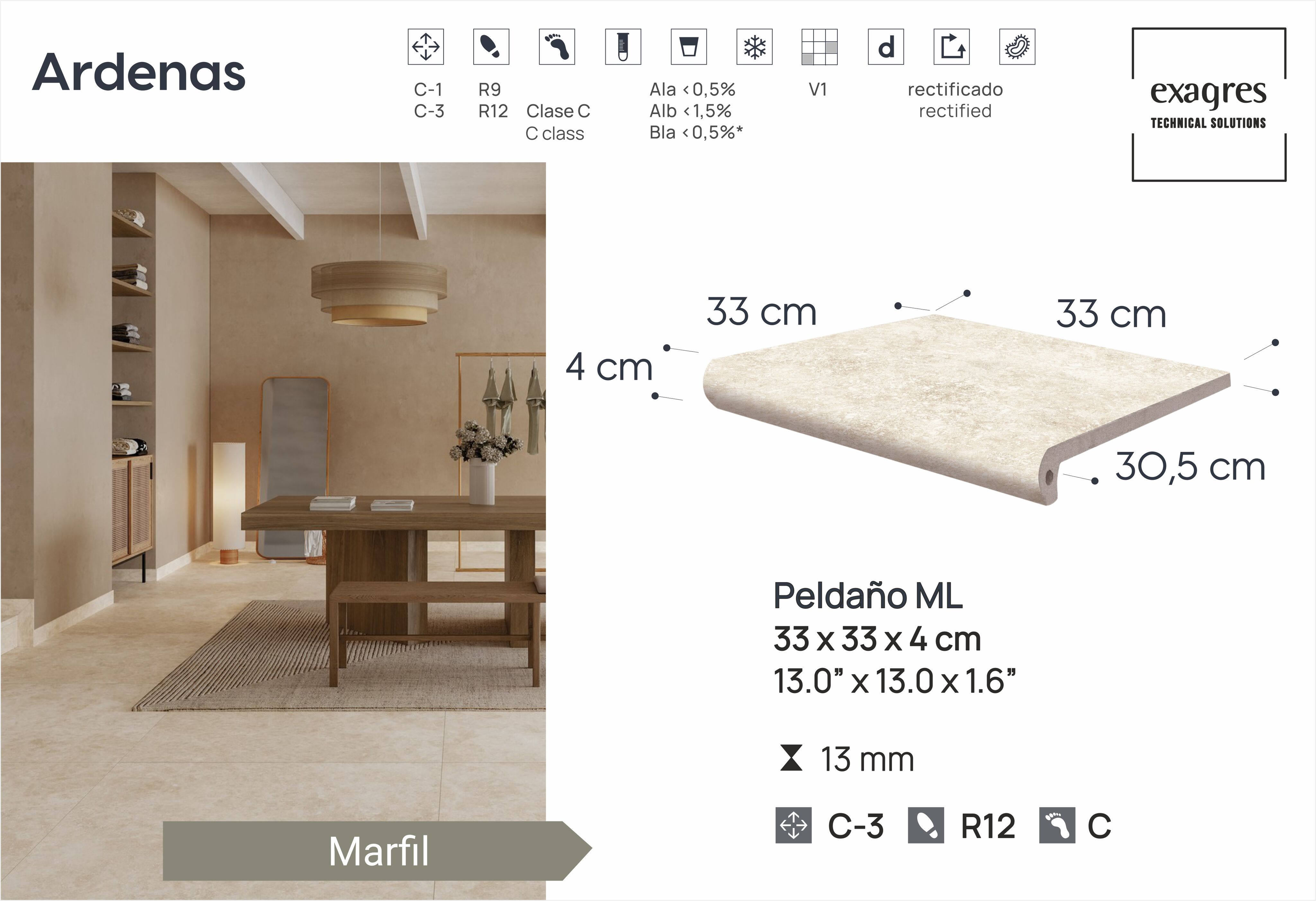 Ступень фронтальная Peldano Fiorentino Ardenas Marfil 33х33х1.3 антислип 4шт/упак Exagres купить в Санкт-Петербурге