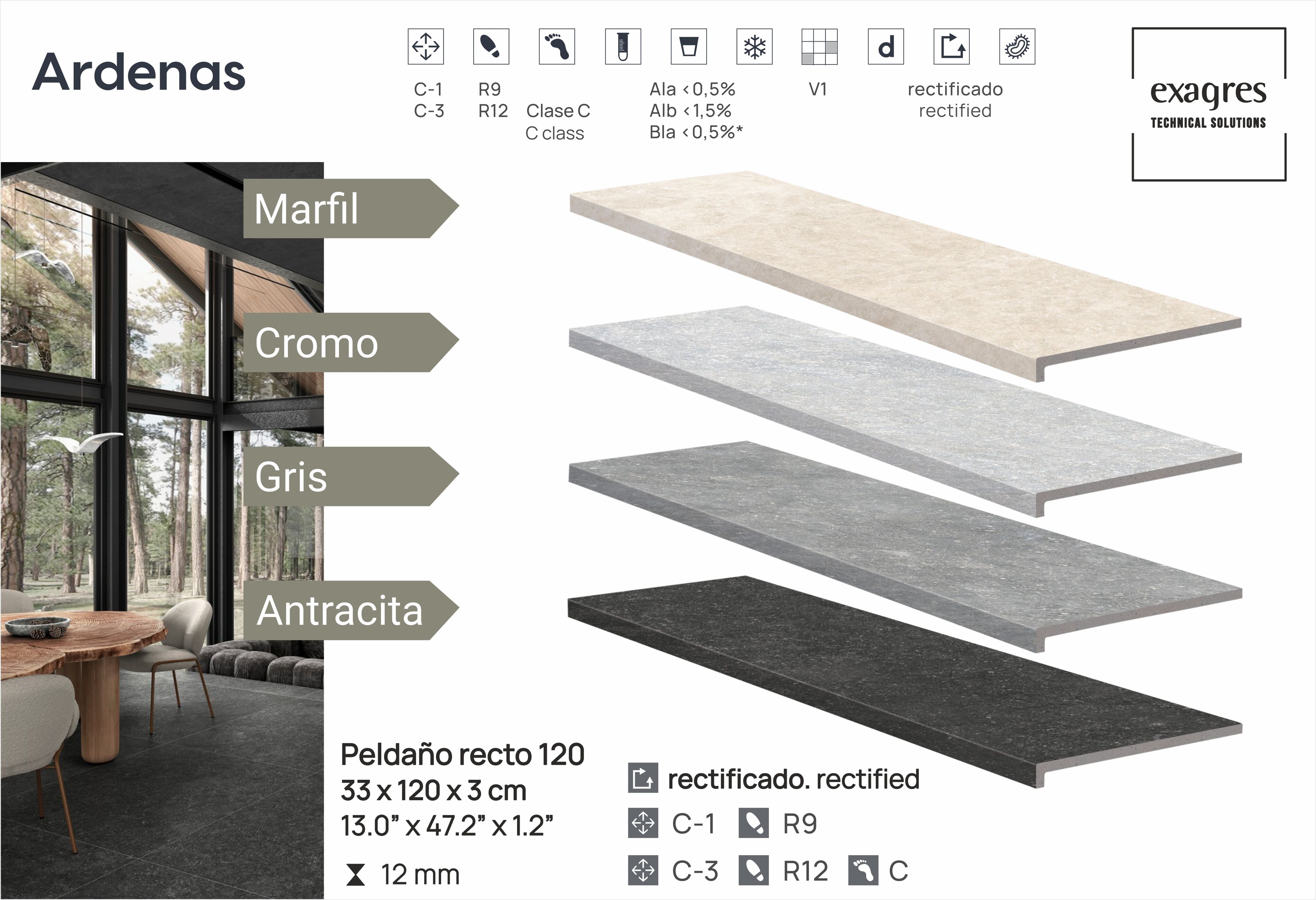 Ступень фронтальная Peldano Recto Ardenas Cromo R12 33х120х1.2 антислип 2шт/упак Exagres купить в Санкт-Петербурге