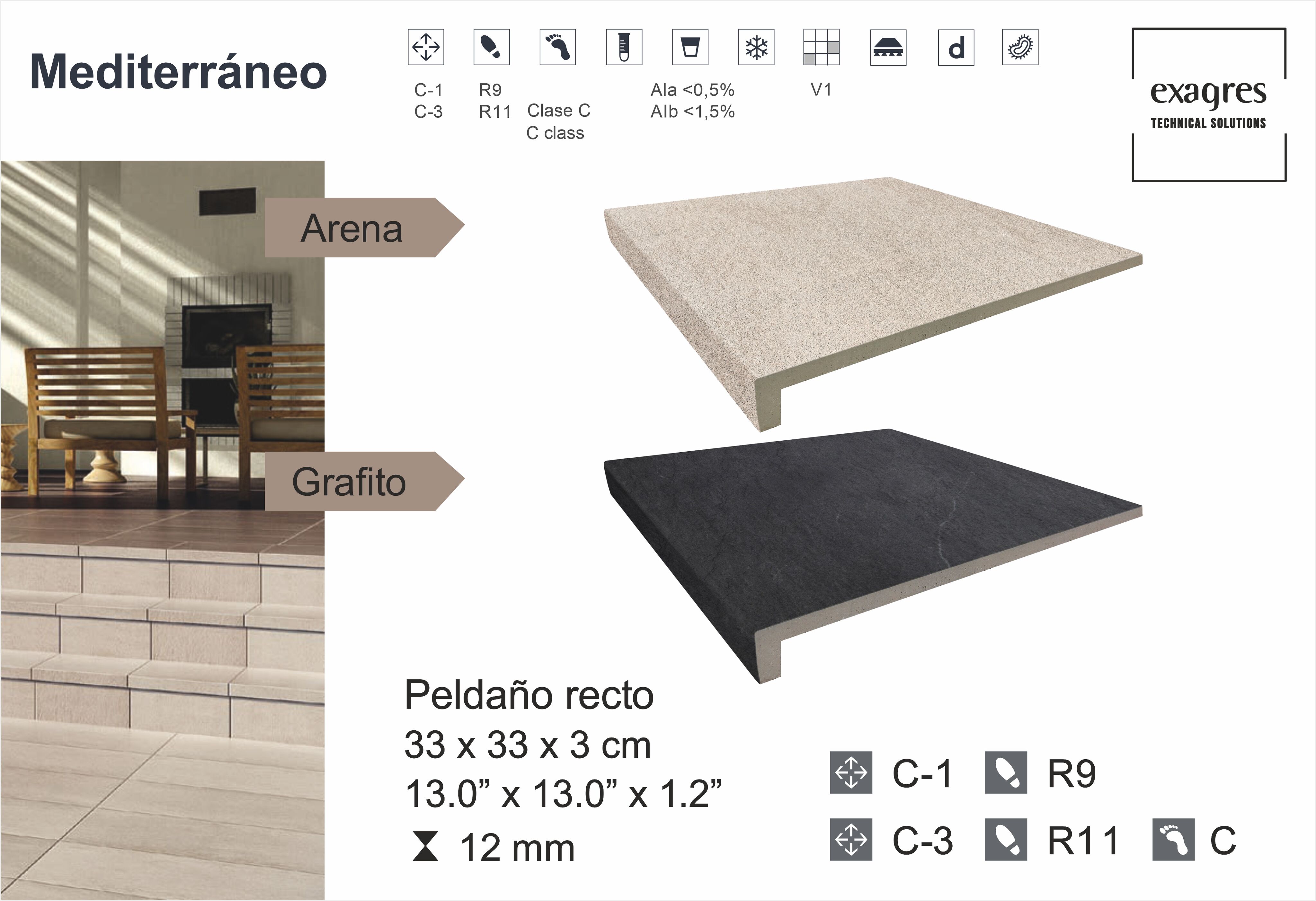 Ступень фронтальная Peldano Recto Mediterraneo Arena 33х33х1.2 антислип 4шт/упак Exagres купить в Санкт-Петербурге