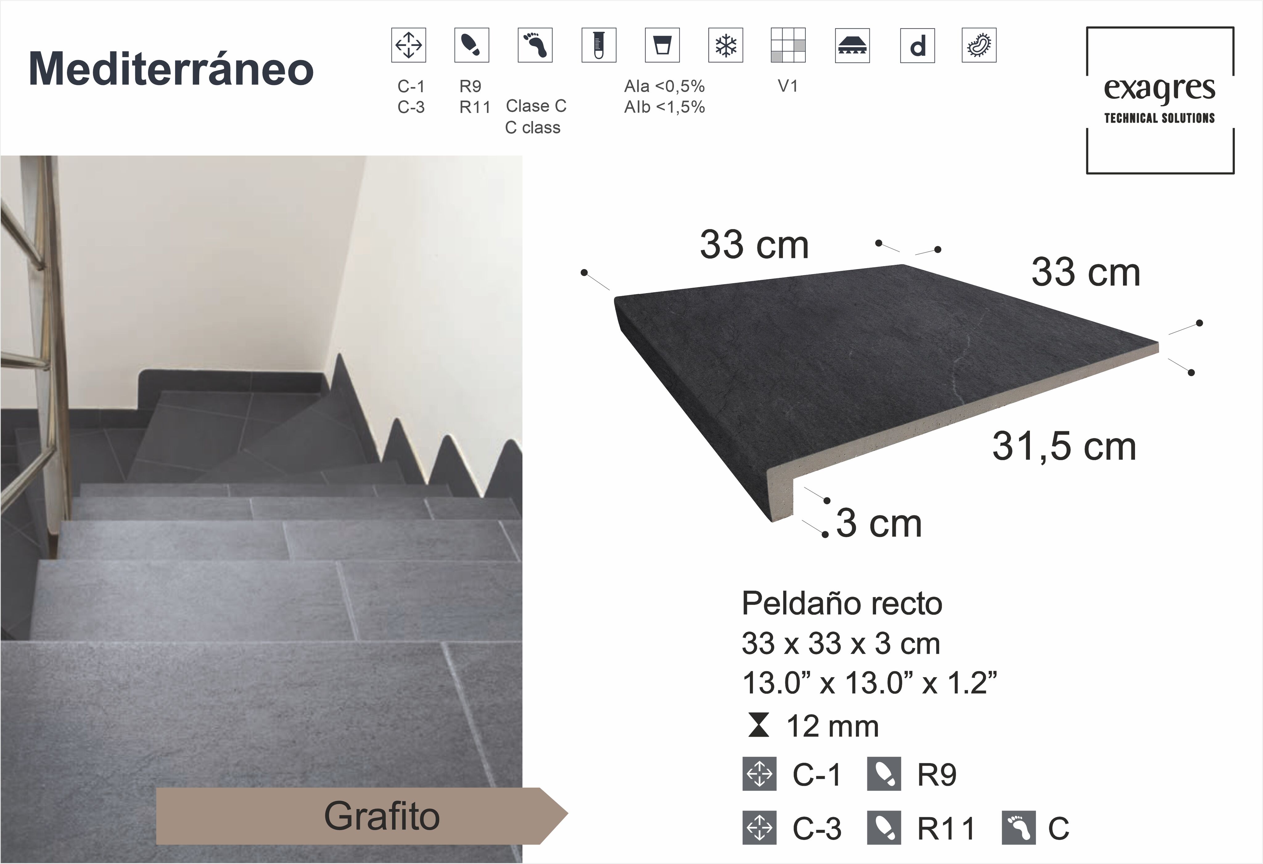 Ступень фронтальная Peldano Recto Mediterraneo Grafito 33х33х1.2 антислип 4шт/упак Exagres купить в Санкт-Петербурге