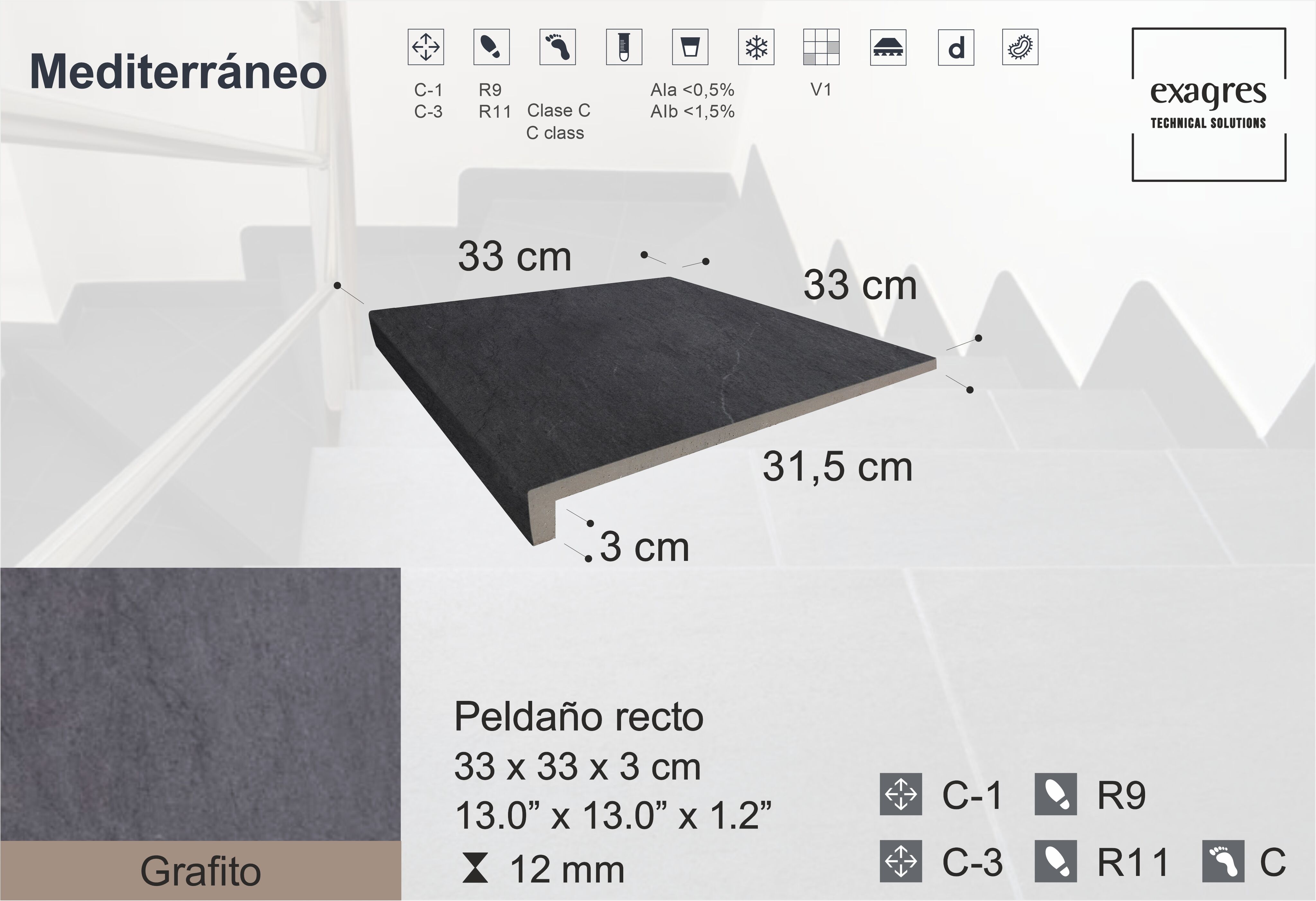Ступень фронтальная Peldano Recto Mediterraneo Grafito 33х33х1.2 антислип 4шт/упак Exagres купить в Санкт-Петербурге