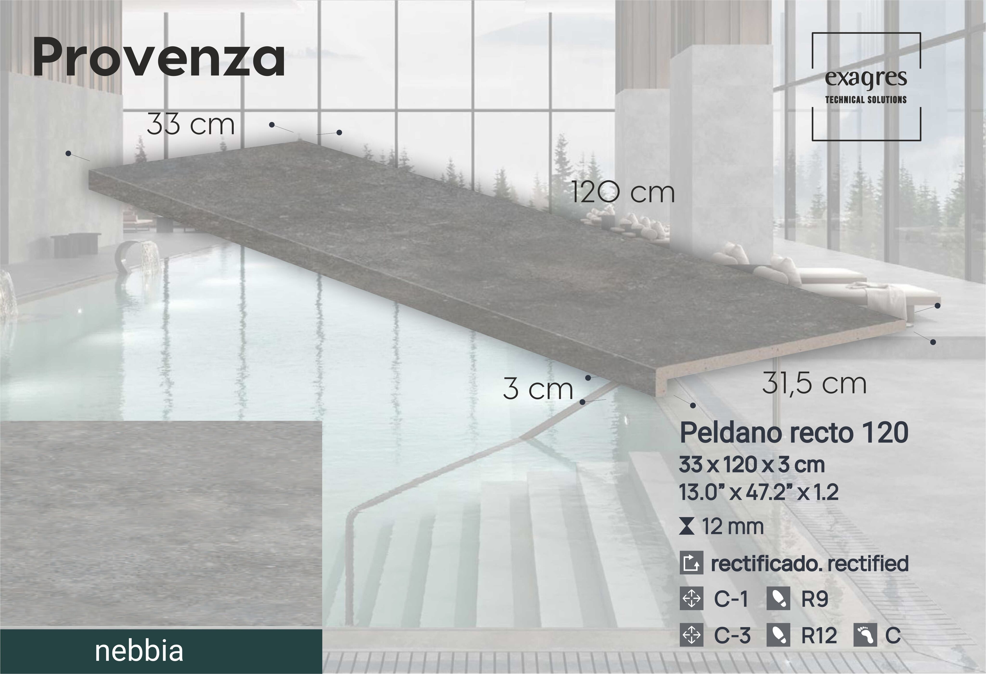 Ступень фронтальная Peldano Recto Provenza Nebbia R12 33х120х1.2 антислип 2шт/упак Exagres купить в Санкт-Петербурге