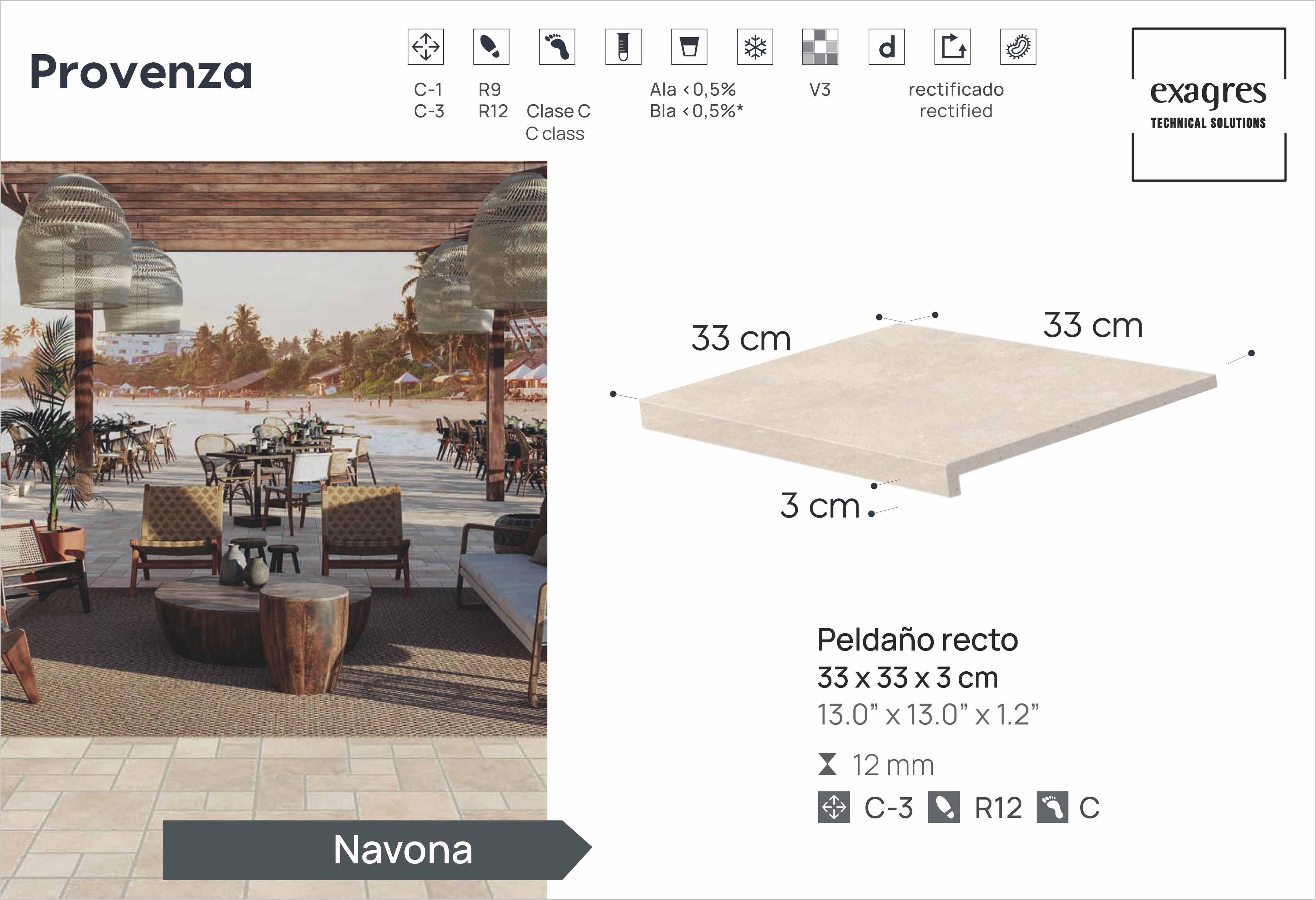 Ступень фронтальная Peldano Recto Provenza Navona R12 33х33х1.2 антислип 4шт/упак Exagres купить в Санкт-Петербурге