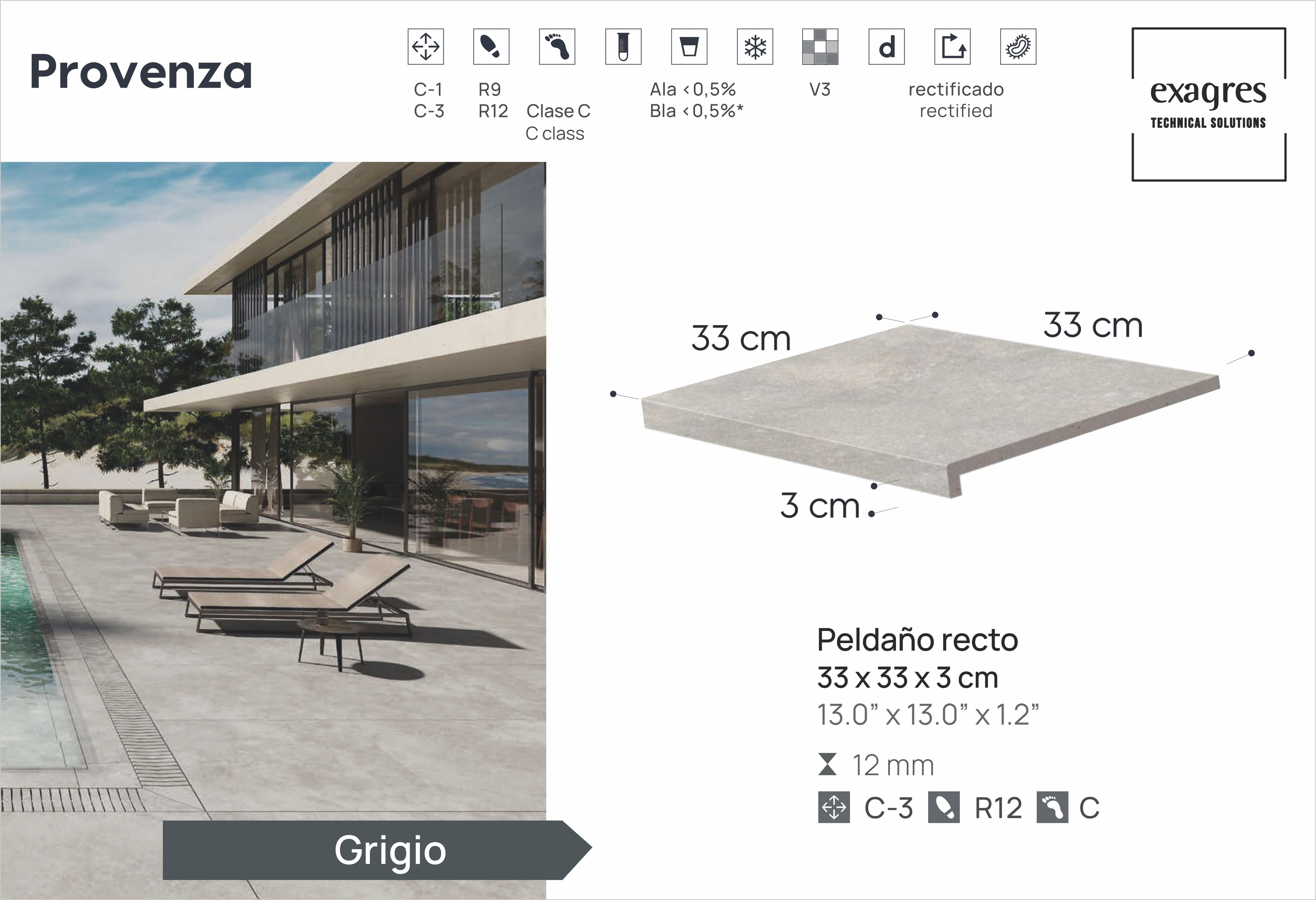 Ступень фронтальная Peldano Recto Provenza Grigio R12 33х33х1.2 антислип 4шт/упак Exagres купить в Санкт-Петербурге