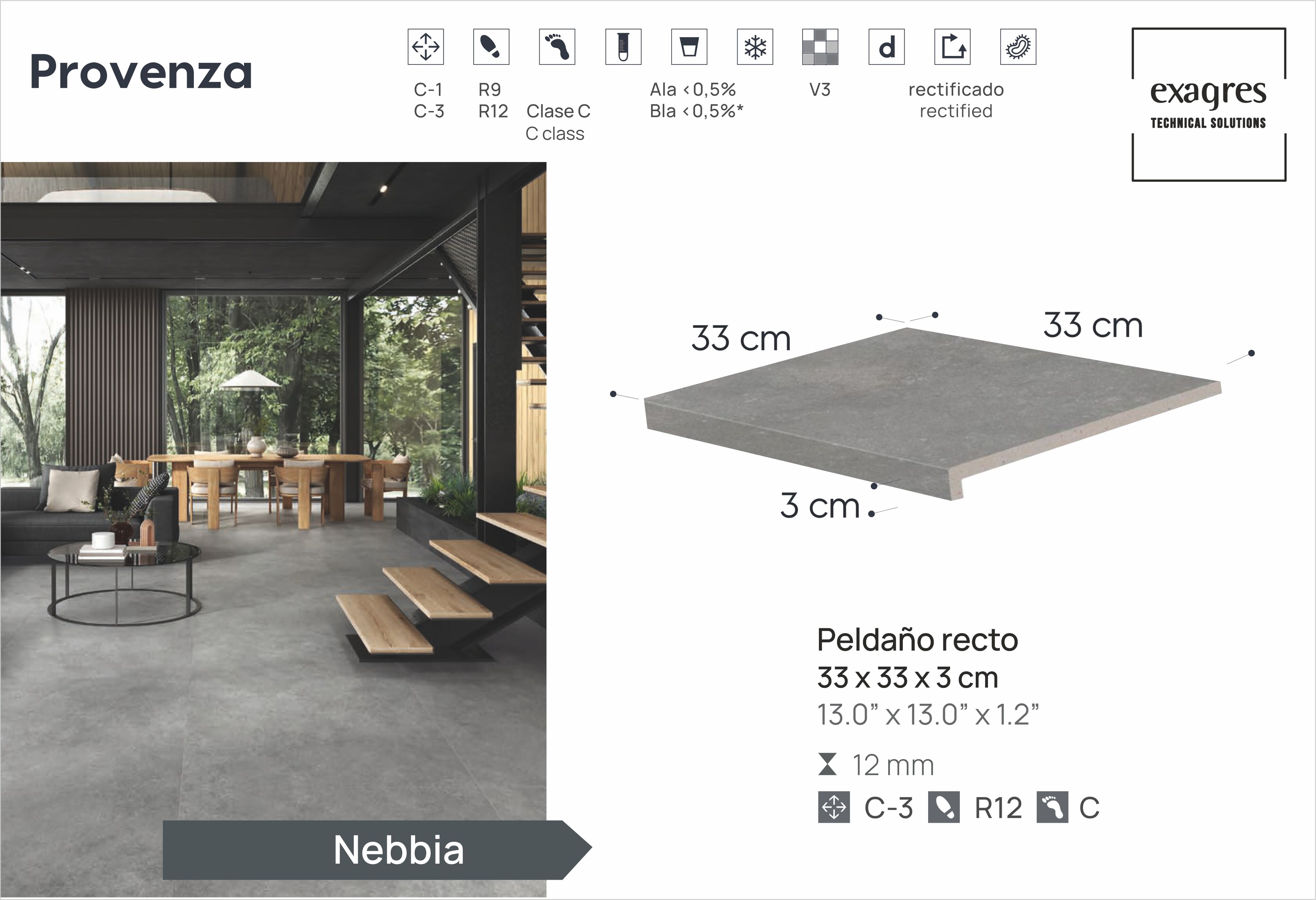 Ступень фронтальная Peldano Recto Provenza Nebbia R12 33х33х1.2 антислип 4шт/упак Exagres купить в Санкт-Петербурге