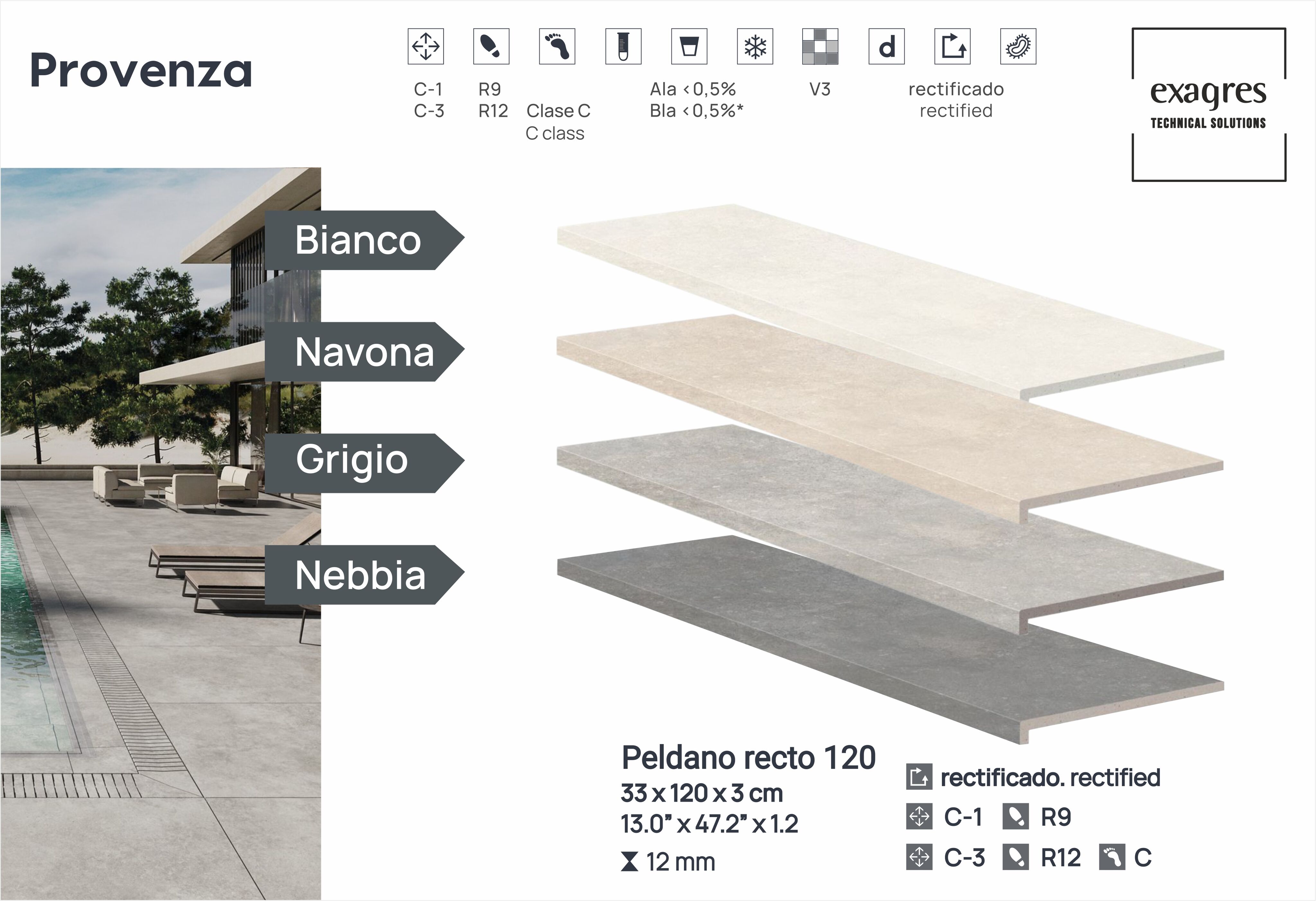 Ступень фронтальная Peldano Recto Provenza Navona R12 33х120х1.2 антислип 2шт/упак Exagres купить в Санкт-Петербурге