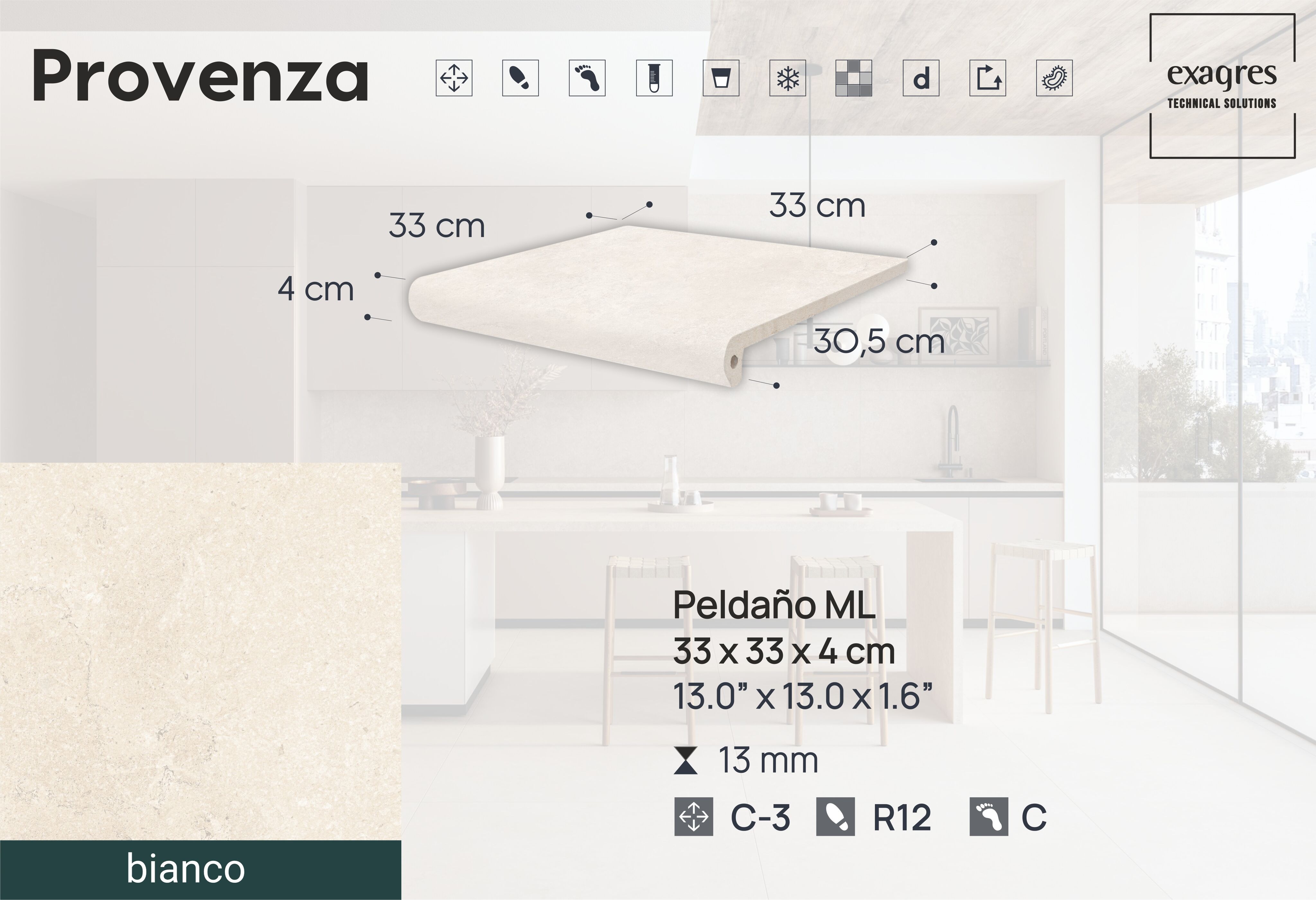 Ступень фронтальная Peldano Florentino Provenza Bianco 33х33х1.3 антислип 4шт/упак Exagres купить в Санкт-Петербурге