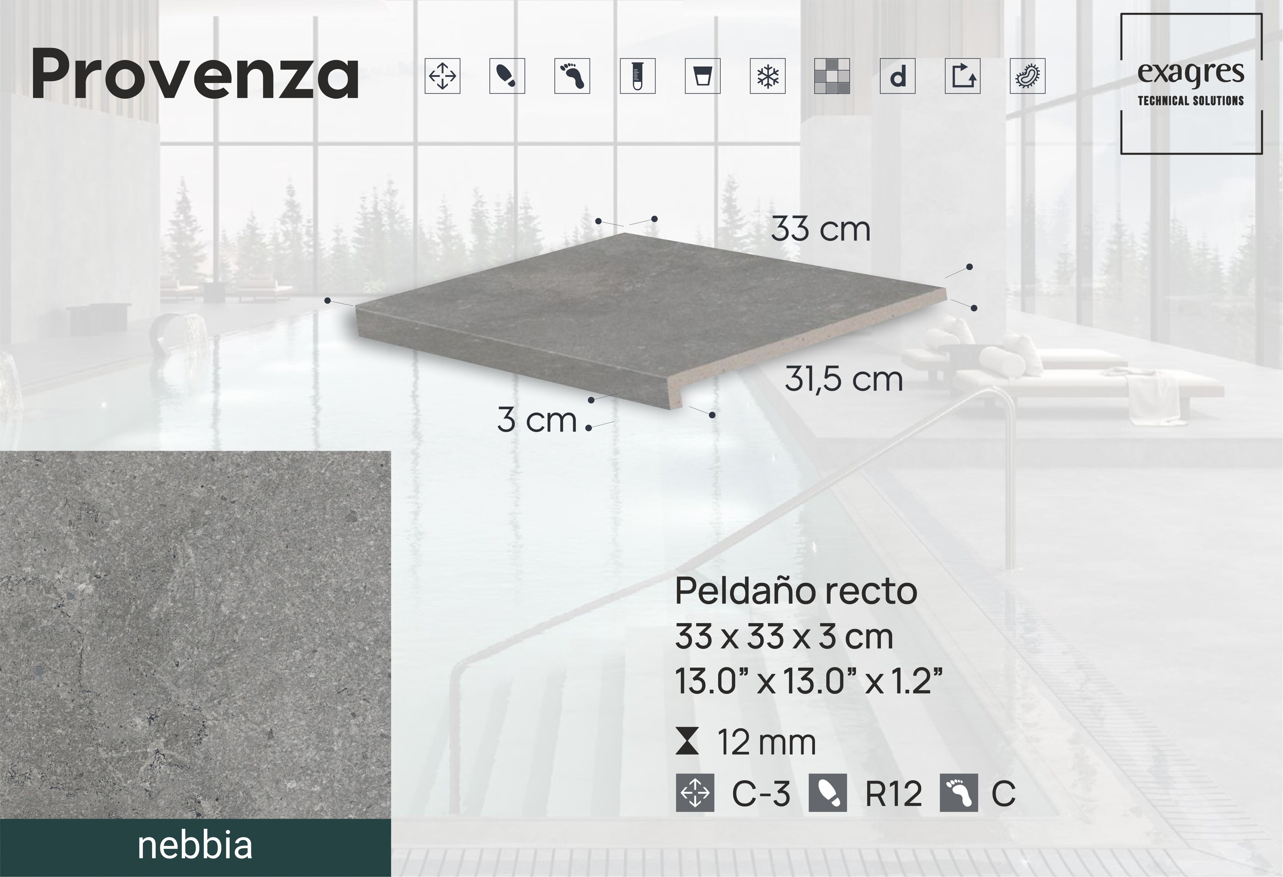 Ступень фронтальная Peldano Recto Provenza Nebbia R12 33х33х1.2 антислип 4шт/упак Exagres купить в Санкт-Петербурге