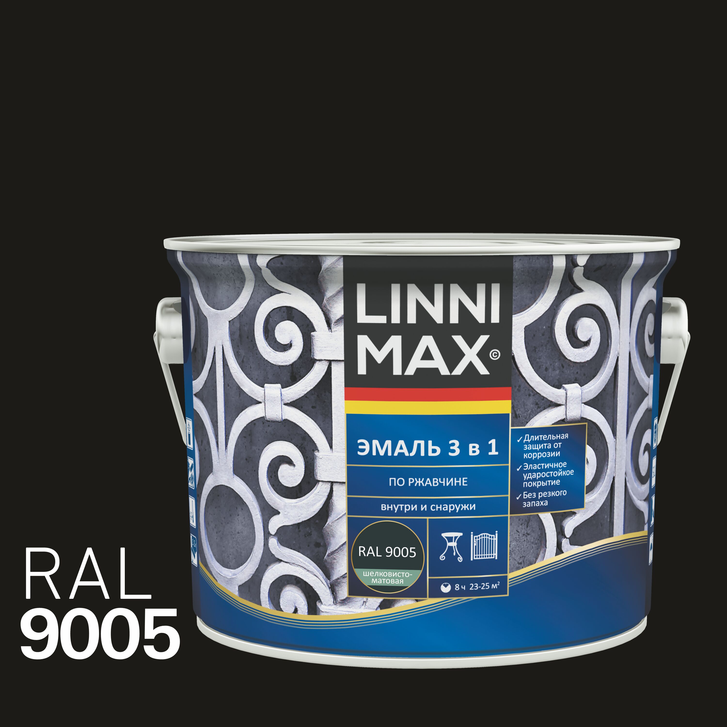 Эмаль по ржавчине 3 в 1 2,5л алкидно-уретановая 9005 черный LINNIMAX купить в Санкт-Петербурге